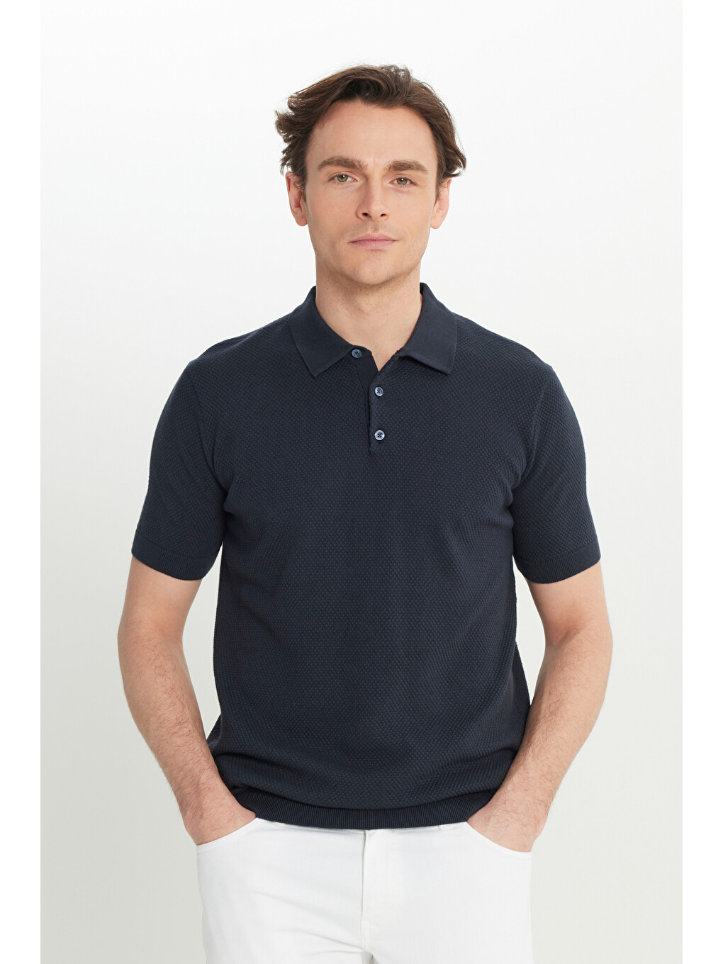Erkek Lacivert %100 Pamuk Standart Fit Polo Yaka Jakarlı Triko Tişört-2