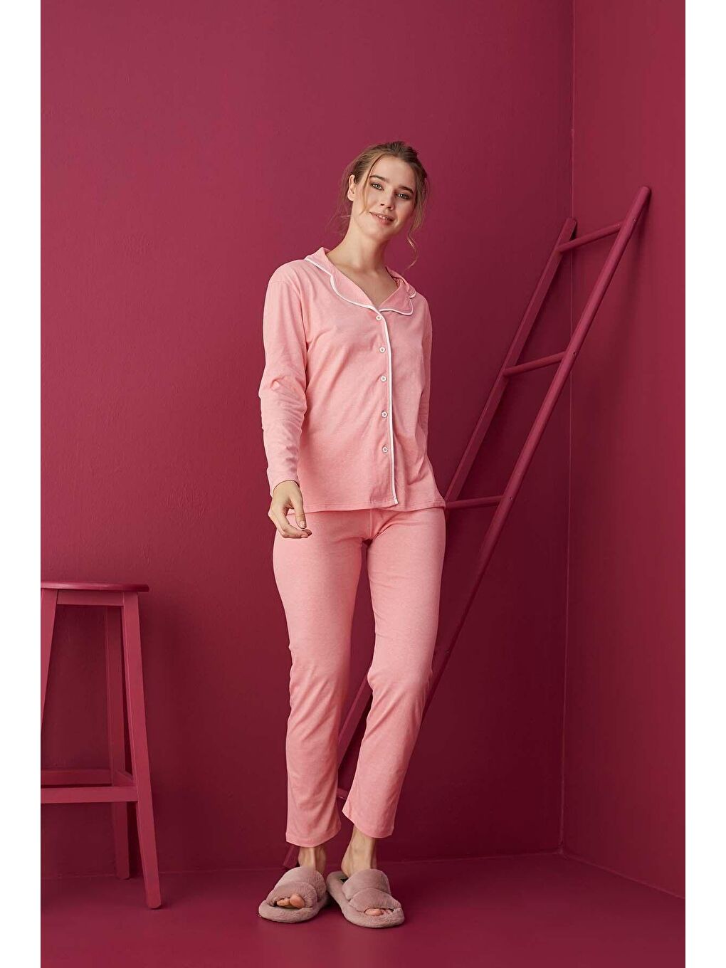 Pembe Düğmeli Pijama Takım-2