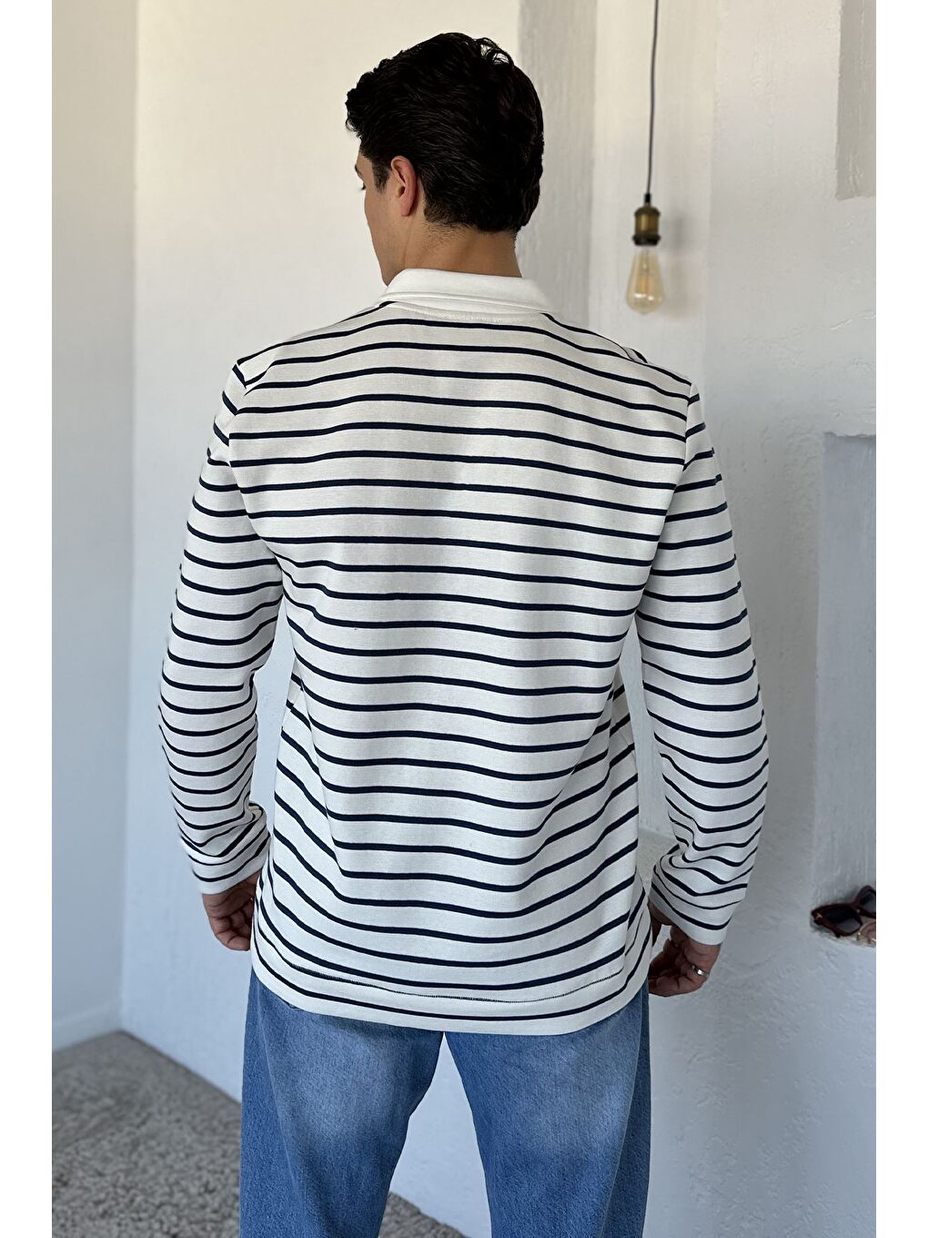Ekru Gömlek Yaka Çizgili Erkek Sweatshirt-2