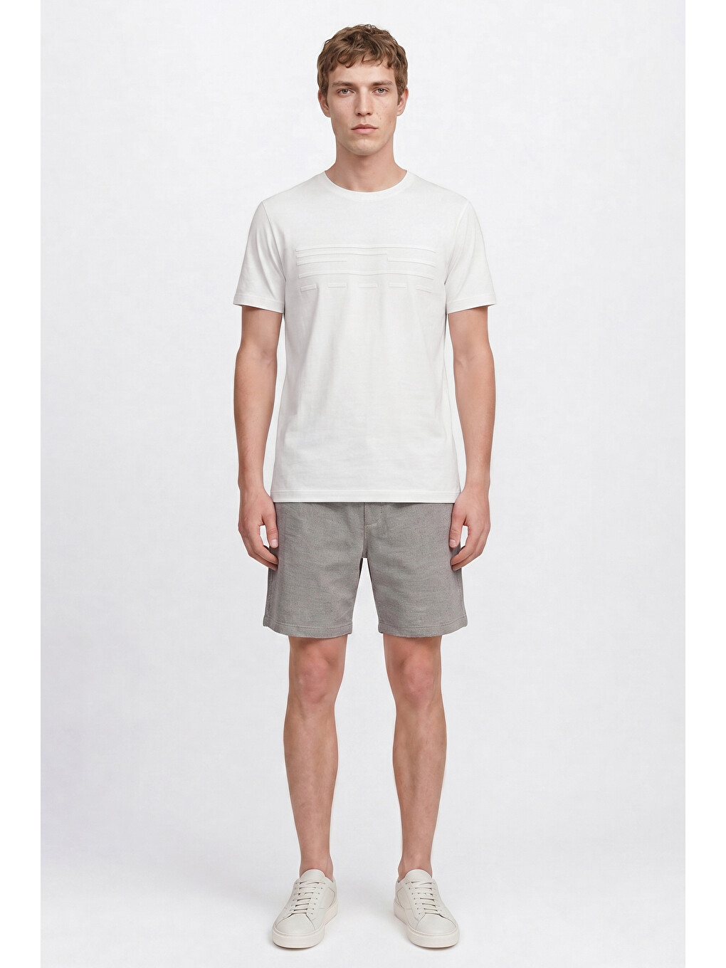 Erkek Beyaz Pamuklu Slim Fit Dar Kesim Bisiklet Yaka Baskılı Esnek Tişört-1