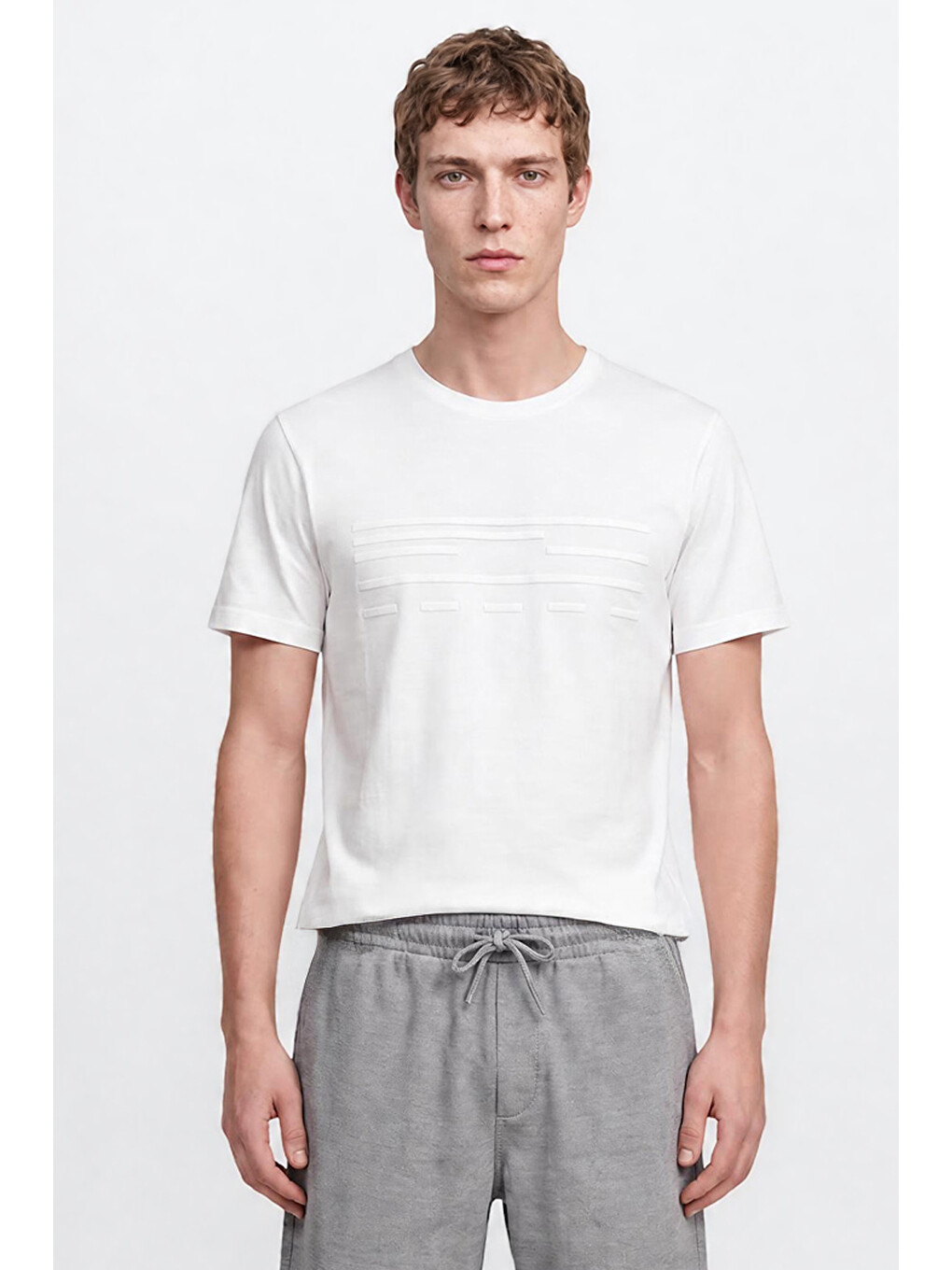 Erkek Beyaz Pamuklu Slim Fit Dar Kesim Bisiklet Yaka Baskılı Esnek Tişört-2