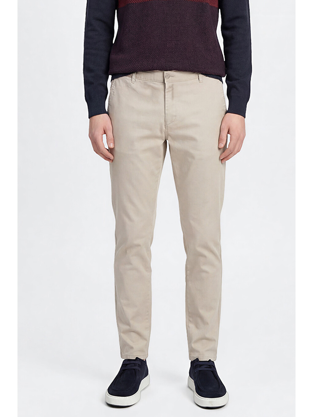 Bej Erkek Taş Pamuklu Slim Fit Dar Kesim Yan Cepli Esnek Pantolon-1