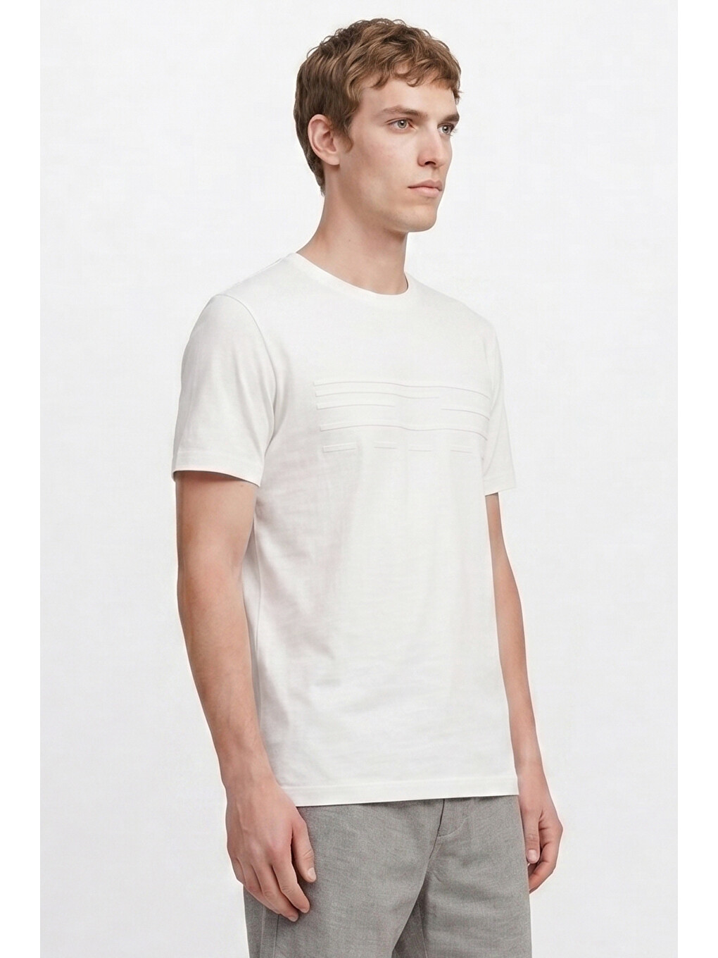 Erkek Beyaz Pamuklu Slim Fit Dar Kesim Bisiklet Yaka Baskılı Esnek Tişört-3