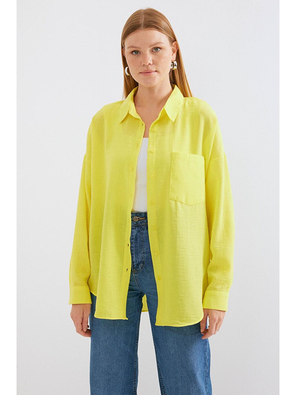 20153 Tek Cepli Oversize Keten Gömlek - Sarı-2