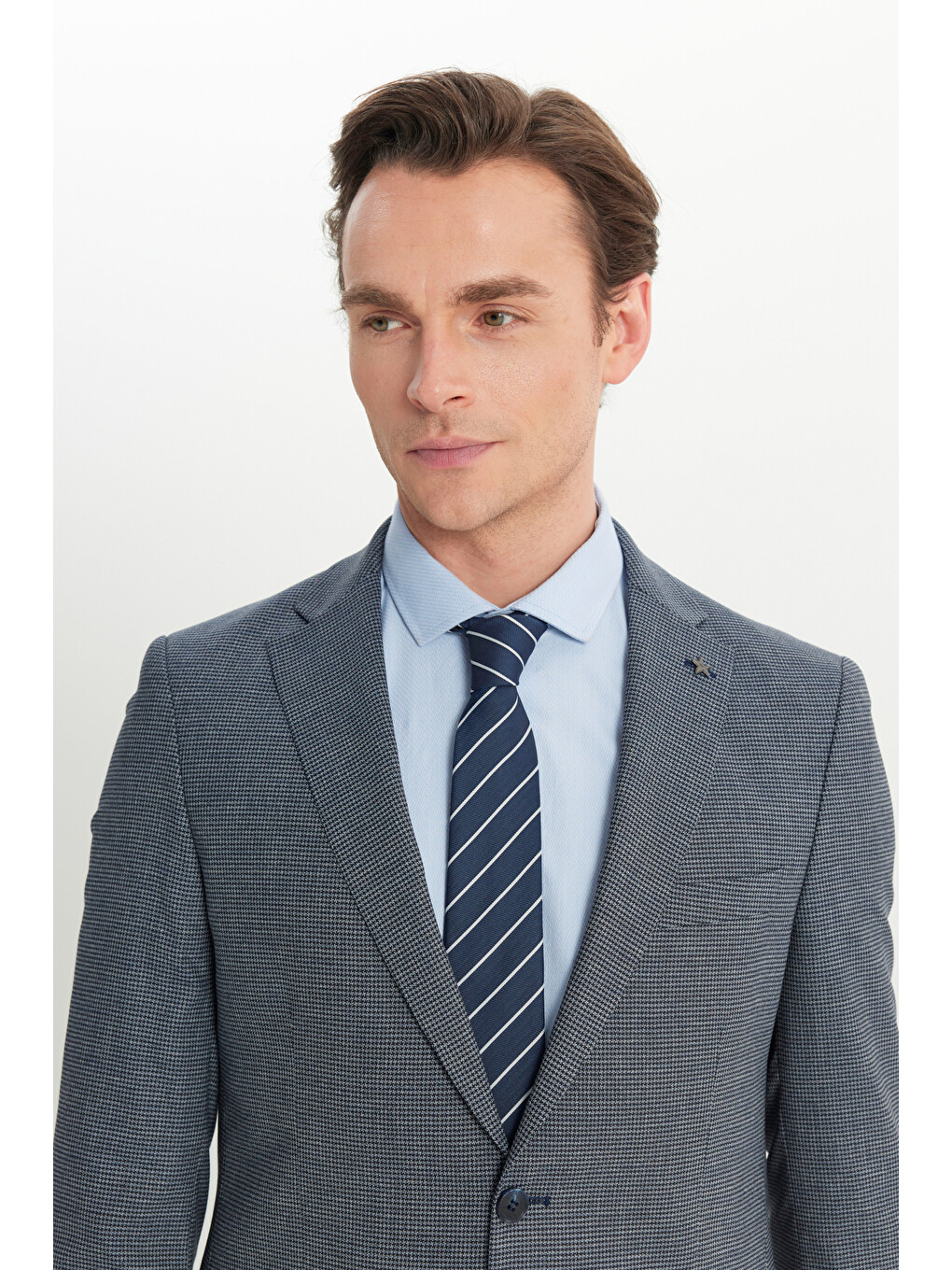 Erkek Lacivert-Mavi Ekstra Slim Fit Dar Kesim Mono Yaka Kazayağı Desenli Kapak Cepli Yün Esnek Takı--4