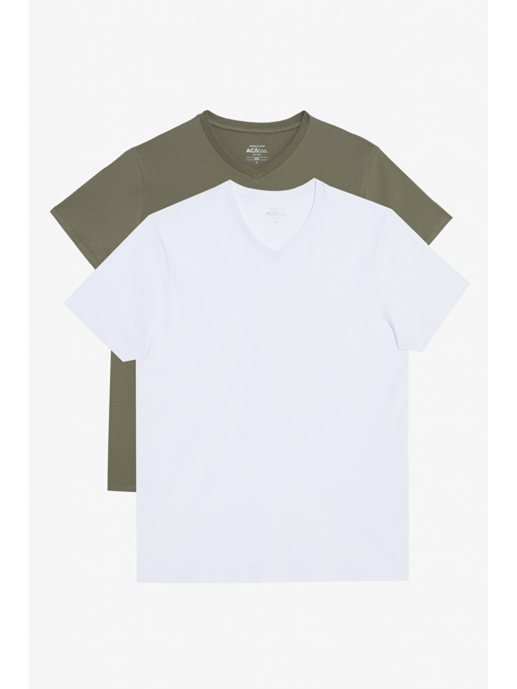 Beyaz Erkek BEYAZ-HAKI 2'li Slim Fit Dar Kesim V Yaka %100 Pamuk Tişört