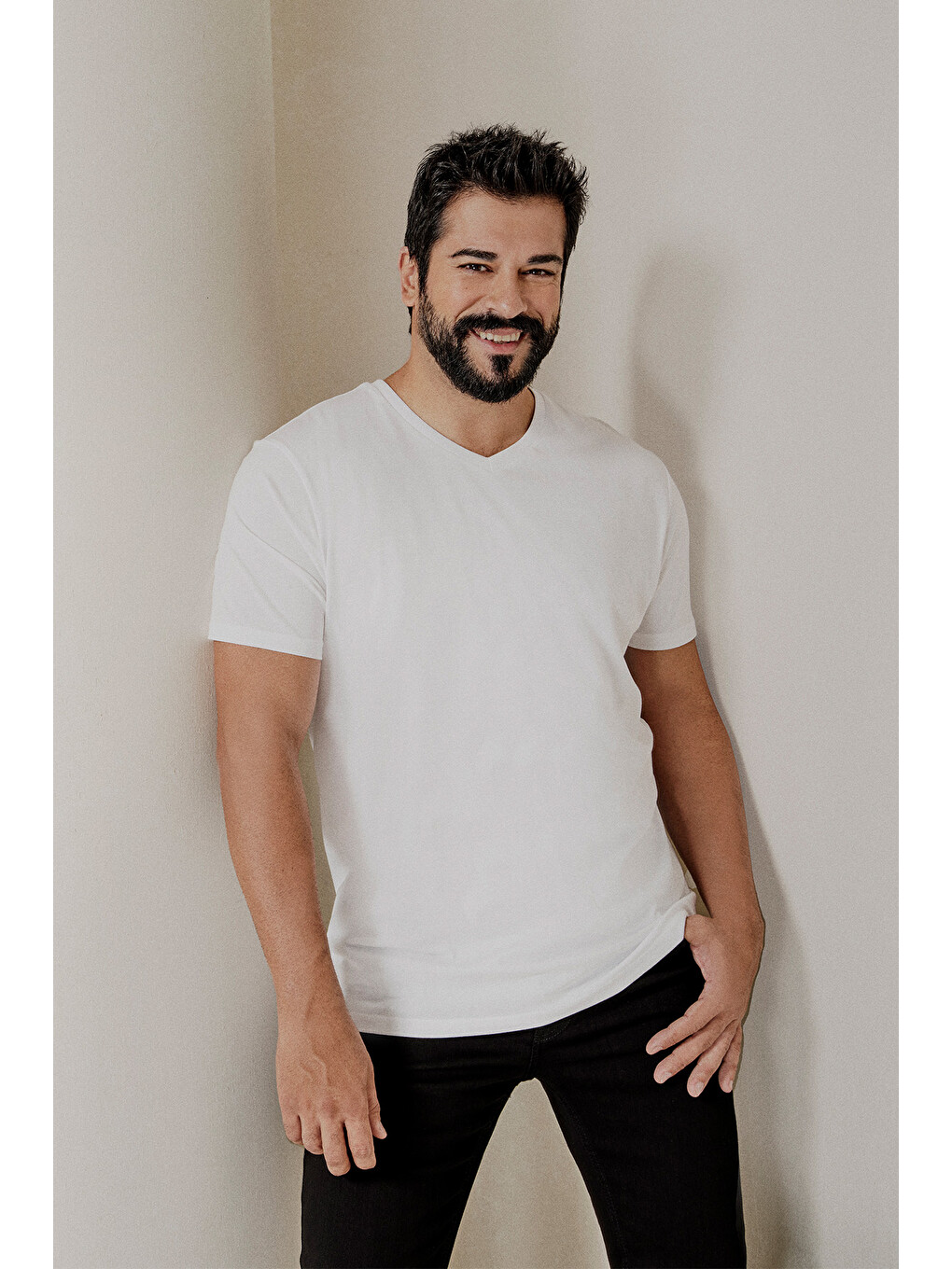 Beyaz Erkek BEYAZ-HAKI 2'li Slim Fit Dar Kesim V Yaka %100 Pamuk Tişört-1