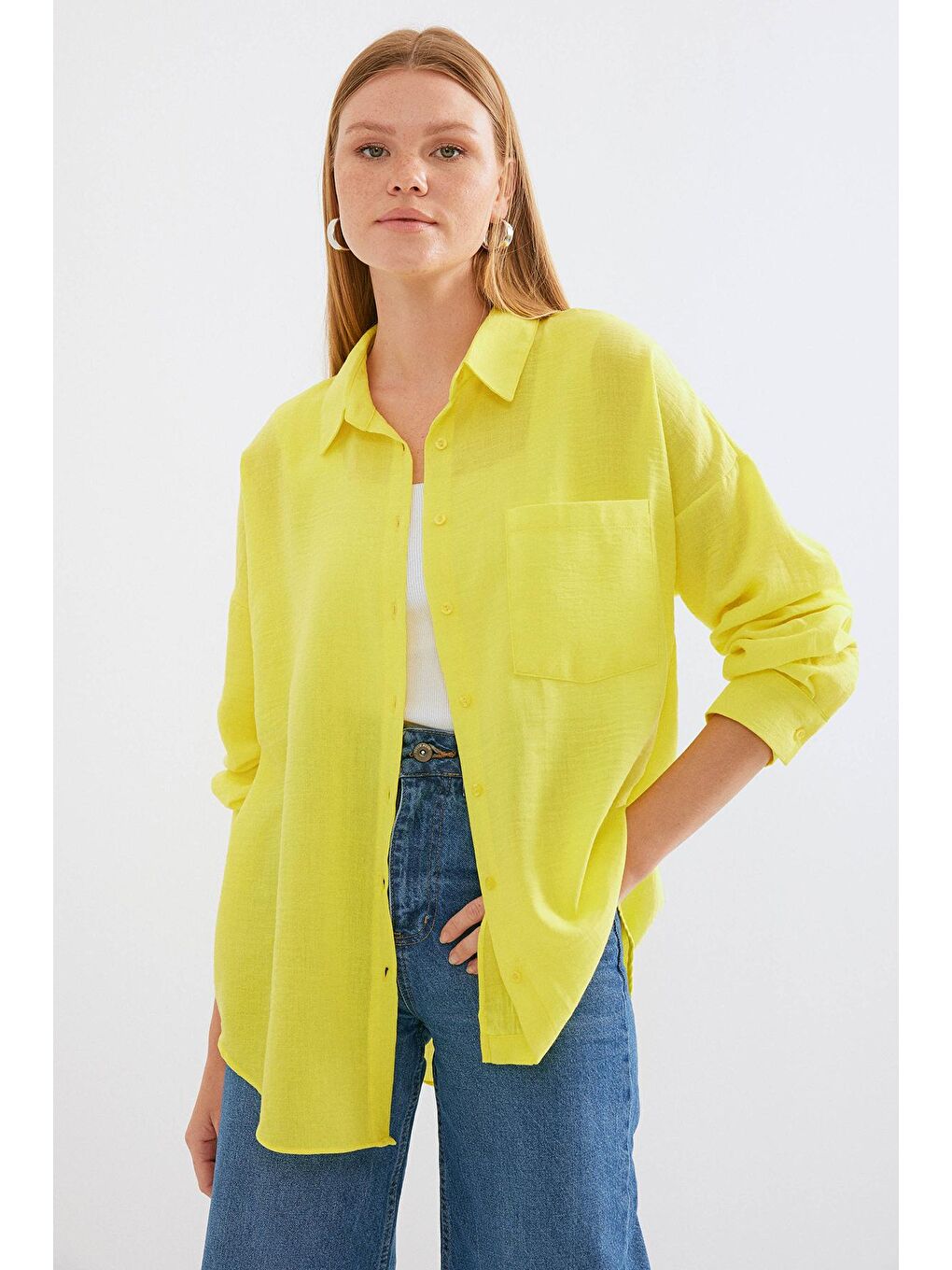 20153 Tek Cepli Oversize Keten Gömlek - Sarı-4
