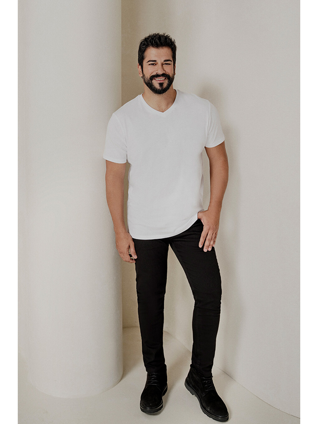 Beyaz Erkek BEYAZ-HAKI 2'li Slim Fit Dar Kesim V Yaka %100 Pamuk Tişört-3
