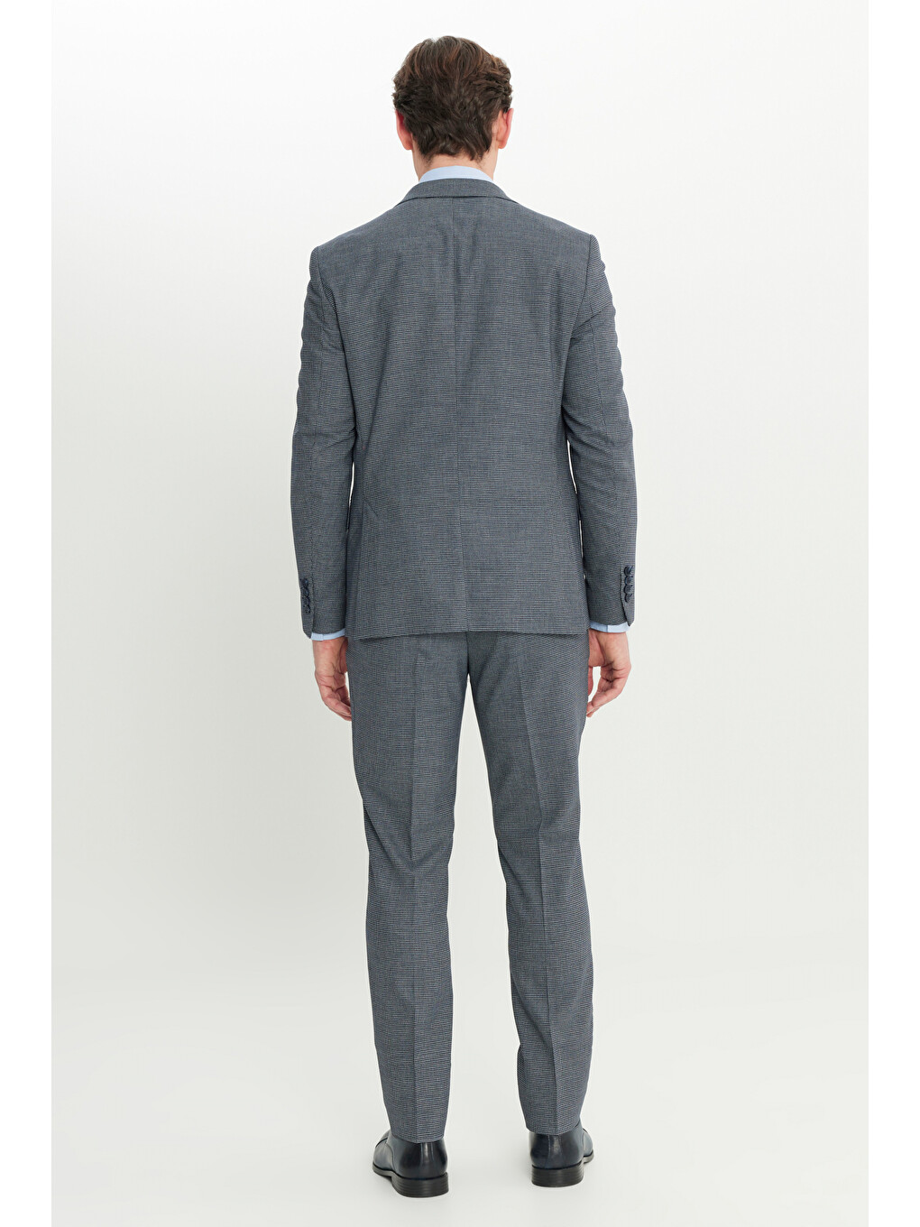 Erkek Lacivert-Mavi Ekstra Slim Fit Dar Kesim Mono Yaka Kazayağı Desenli Kapak Cepli Yün Esnek Takı--7