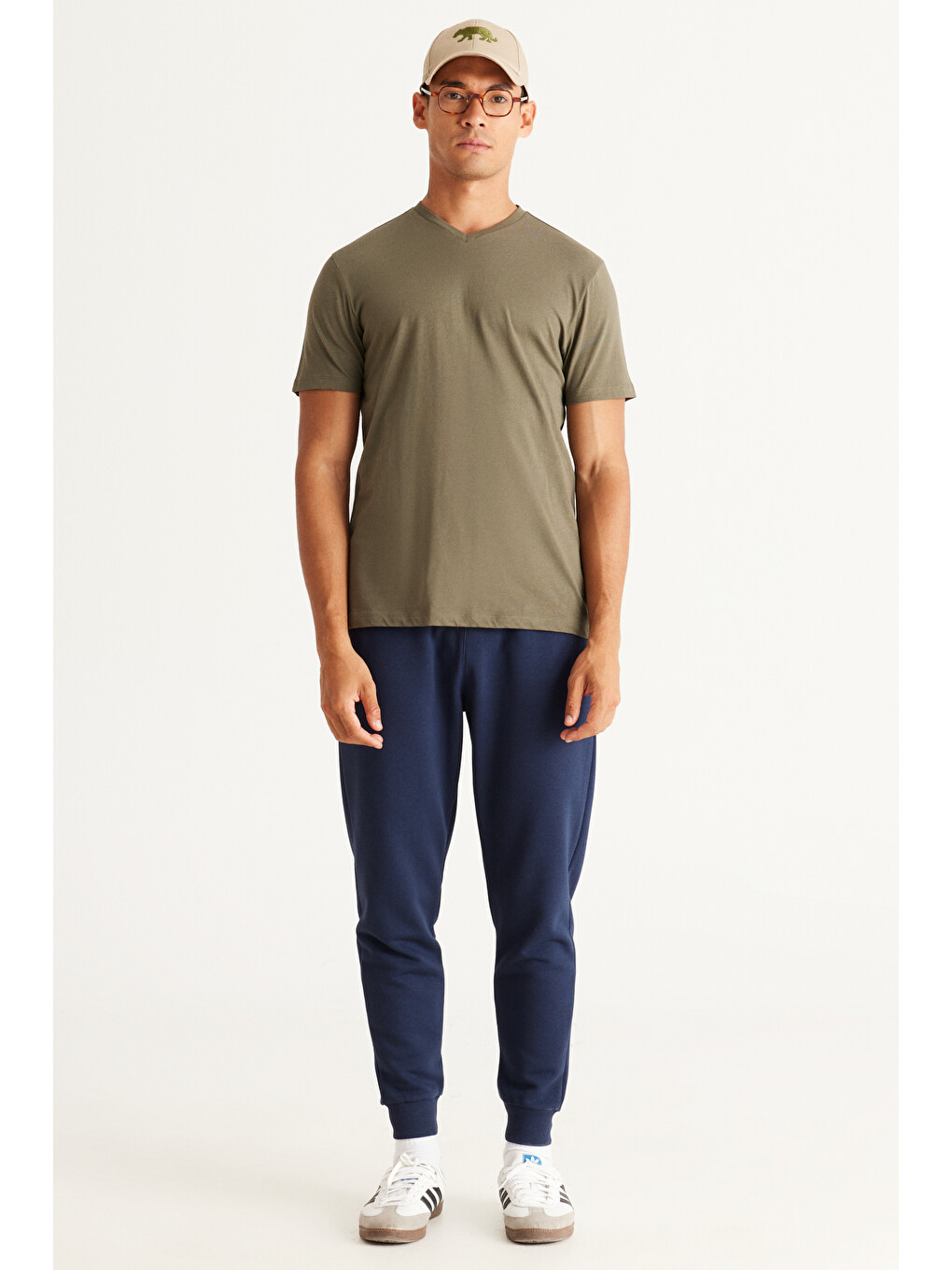 Beyaz Erkek BEYAZ-HAKI 2'li Slim Fit Dar Kesim V Yaka %100 Pamuk Tişört-4