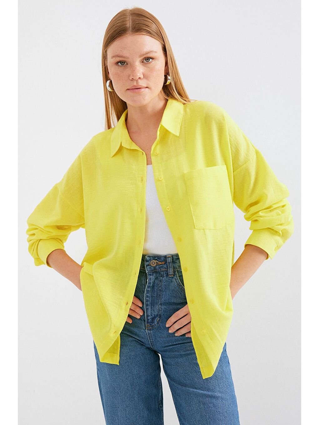 20153 Tek Cepli Oversize Keten Gömlek - Sarı-7
