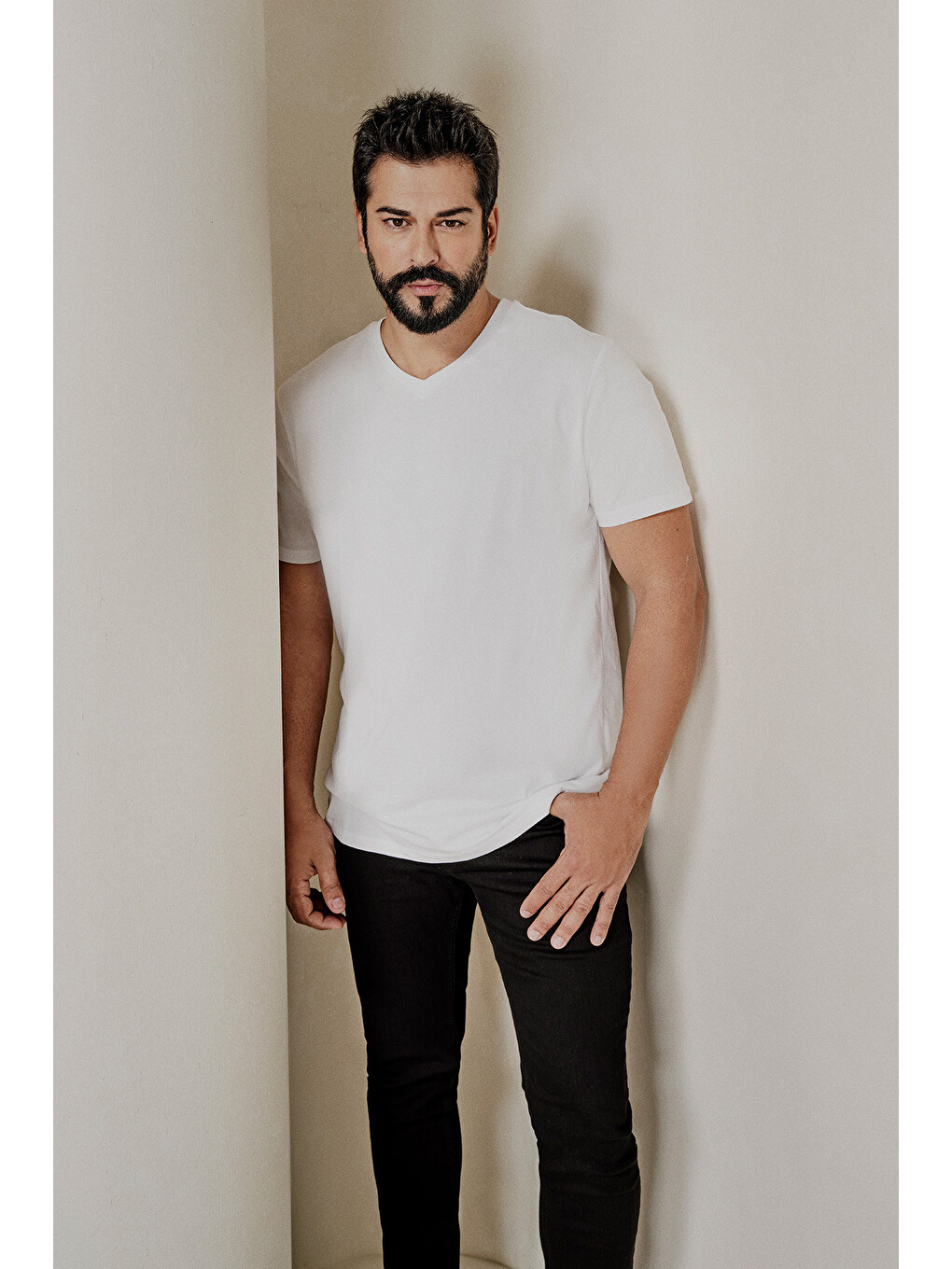 Beyaz Erkek BEYAZ-HAKI 2'li Slim Fit Dar Kesim V Yaka %100 Pamuk Tişört-5