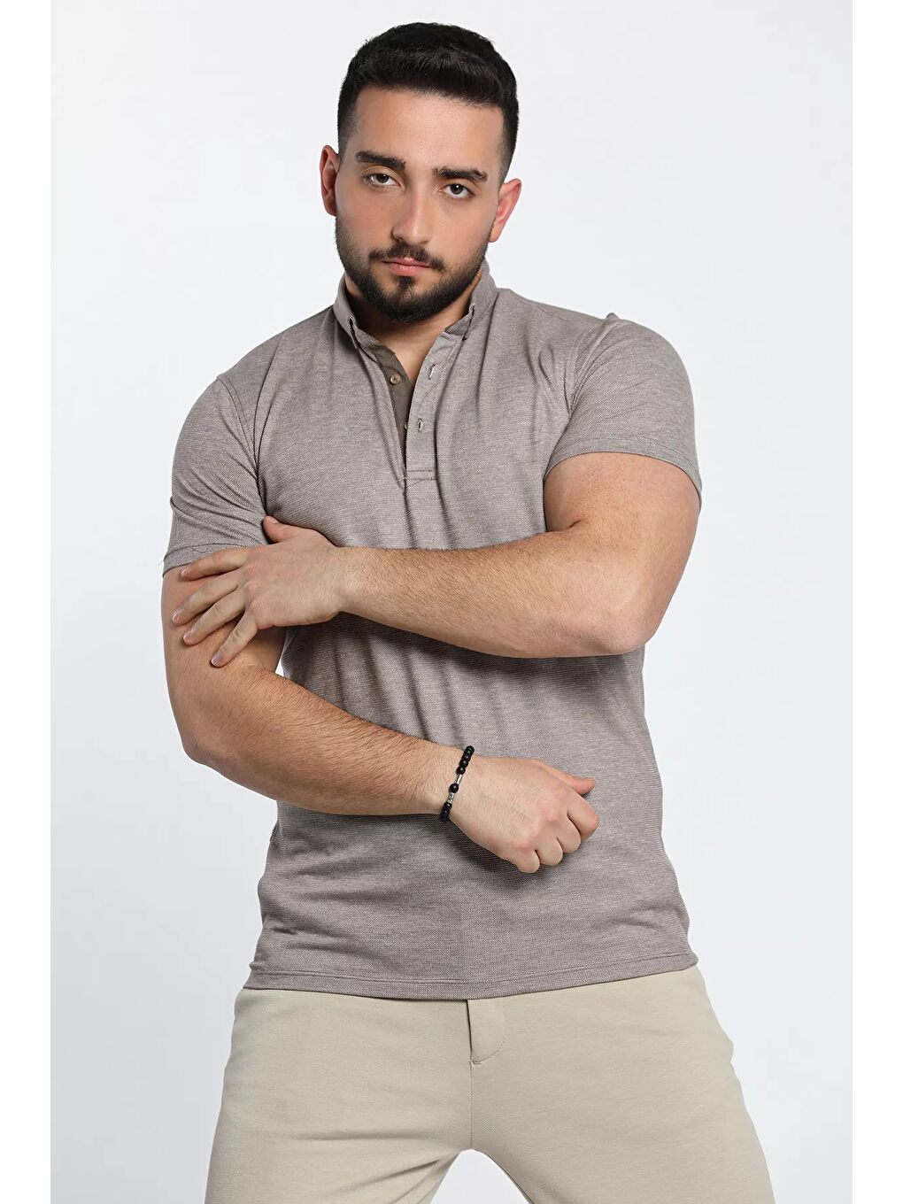 Bej Polo Yaka Yarım Düğmeli Kendinden Desenli Duble Kol Erkek Tişört-1