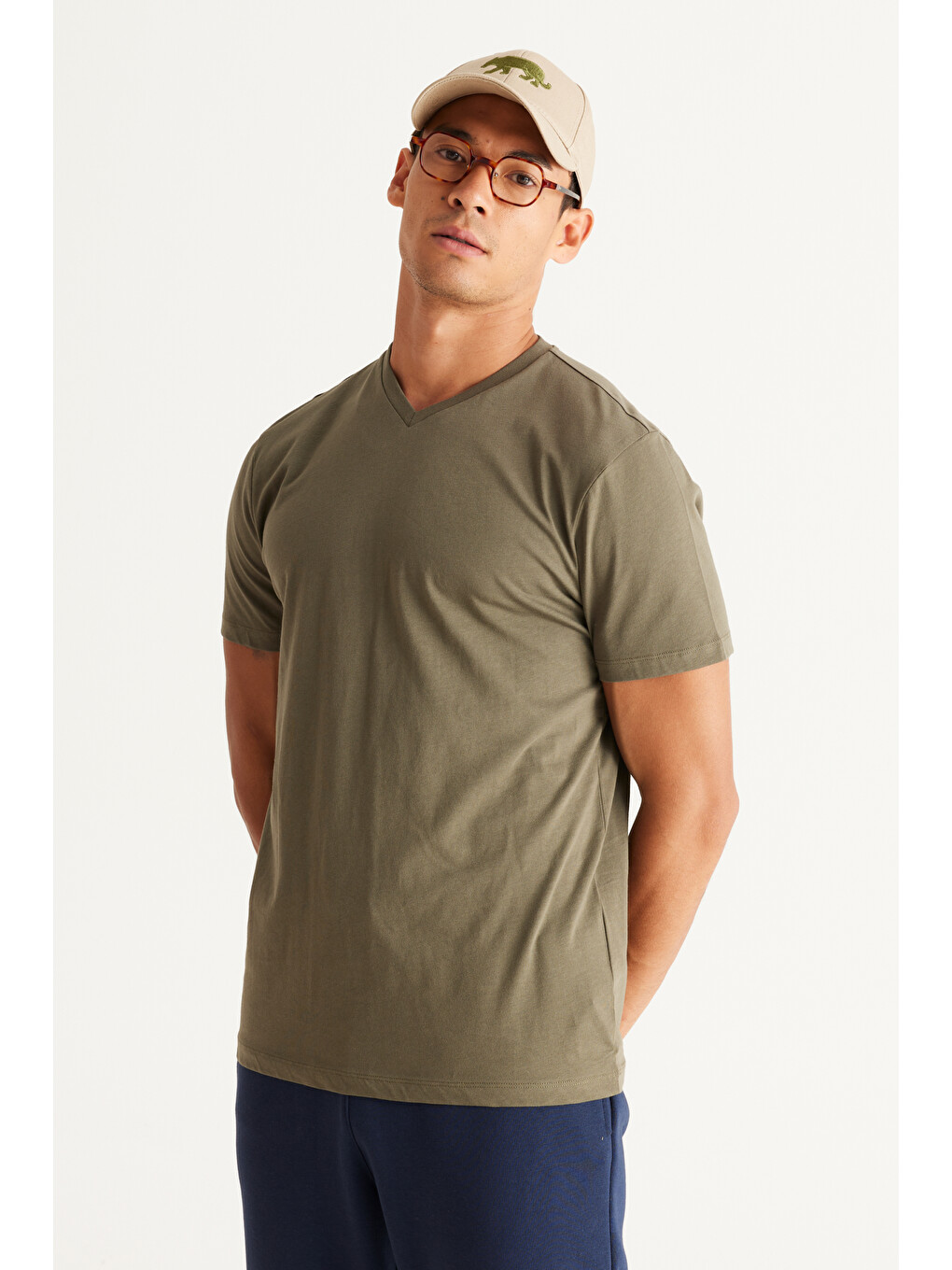 Beyaz Erkek BEYAZ-HAKI 2'li Slim Fit Dar Kesim V Yaka %100 Pamuk Tişört-6
