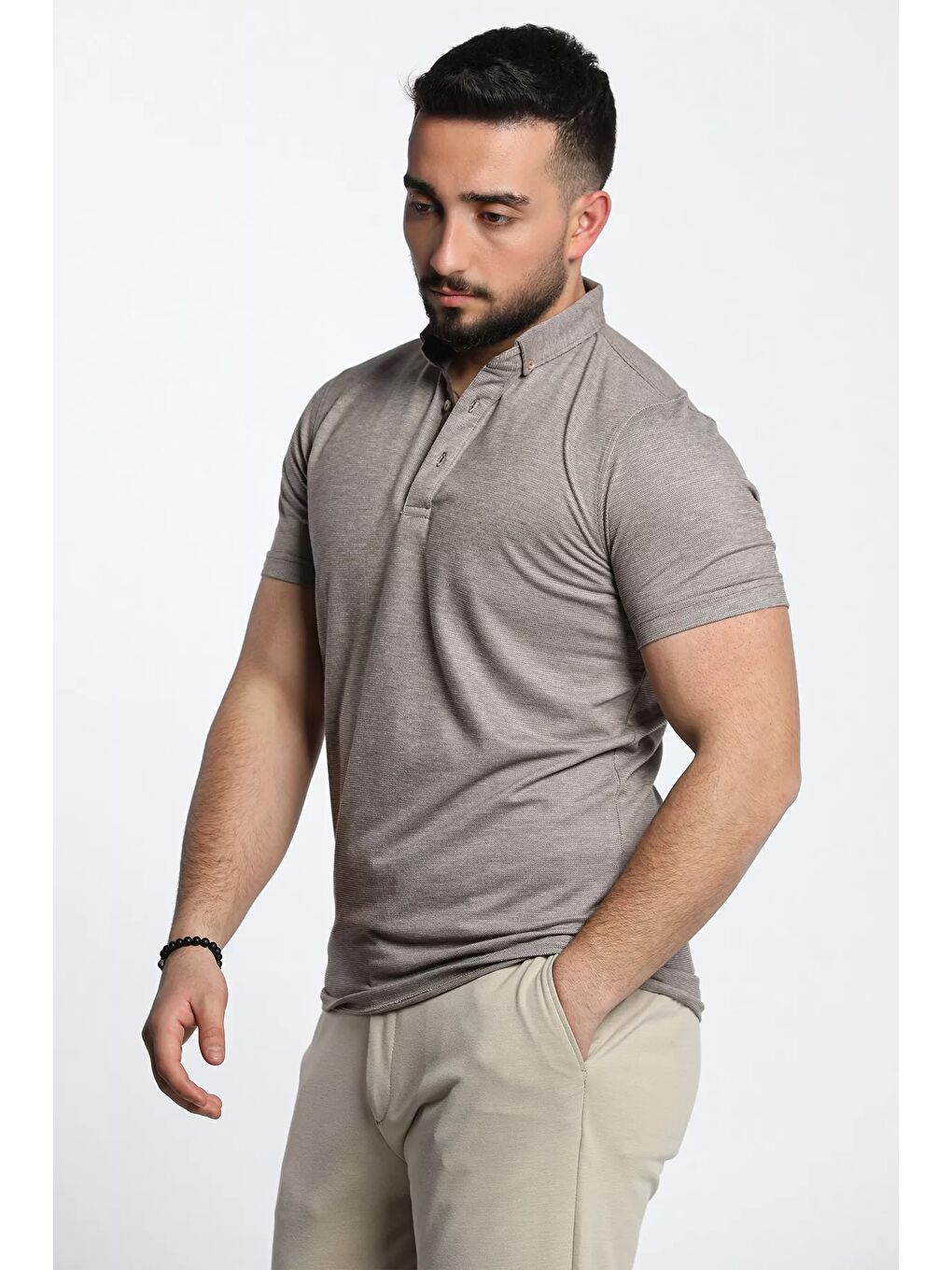 Bej Polo Yaka Yarım Düğmeli Kendinden Desenli Duble Kol Erkek Tişört-3