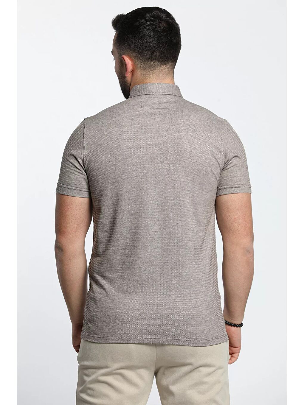 Bej Polo Yaka Yarım Düğmeli Kendinden Desenli Duble Kol Erkek Tişört-4