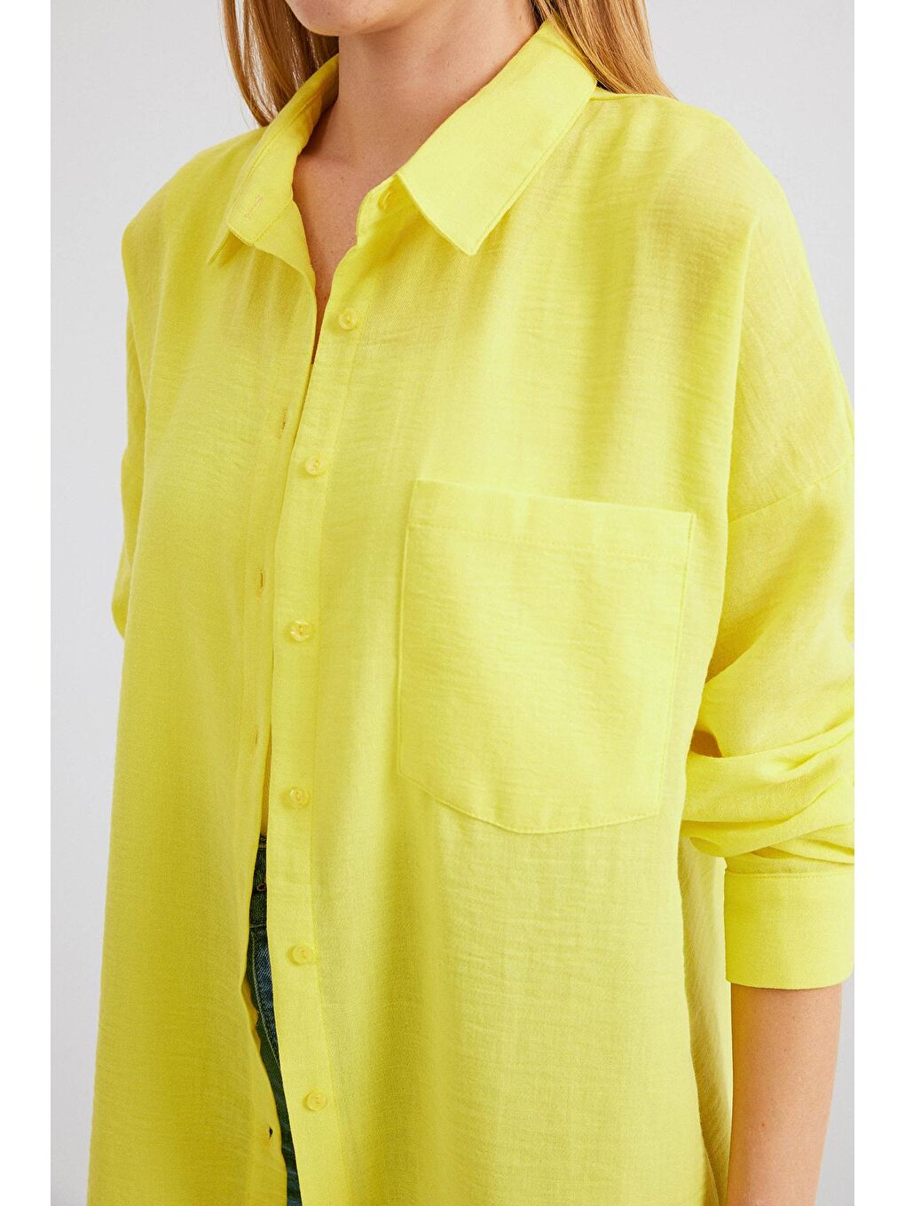 20153 Tek Cepli Oversize Keten Gömlek - Sarı-9