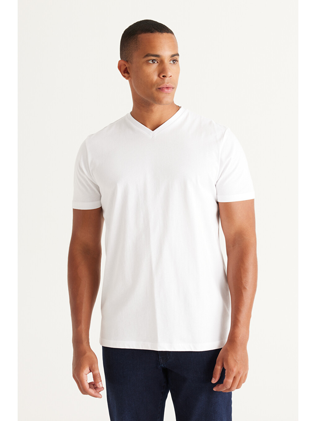 Beyaz Erkek BEYAZ-HAKI 2'li Slim Fit Dar Kesim V Yaka %100 Pamuk Tişört-7