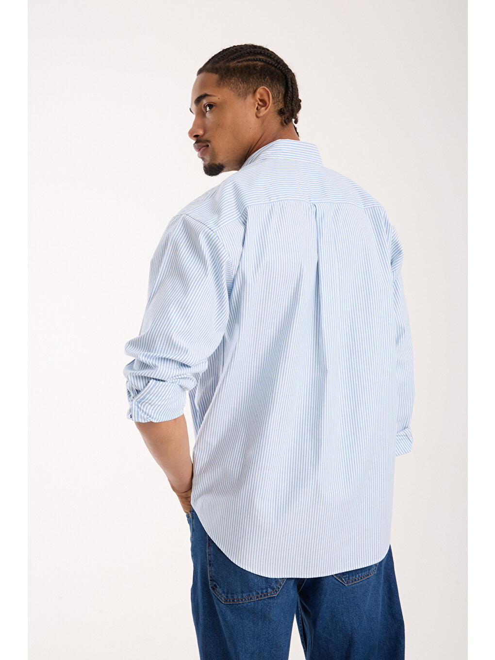 Rio Oxford Stretch Pamuk Karışımlı Oversize Fit Mavi Klasik Yaka Erkek Çizgili Gömlek-4