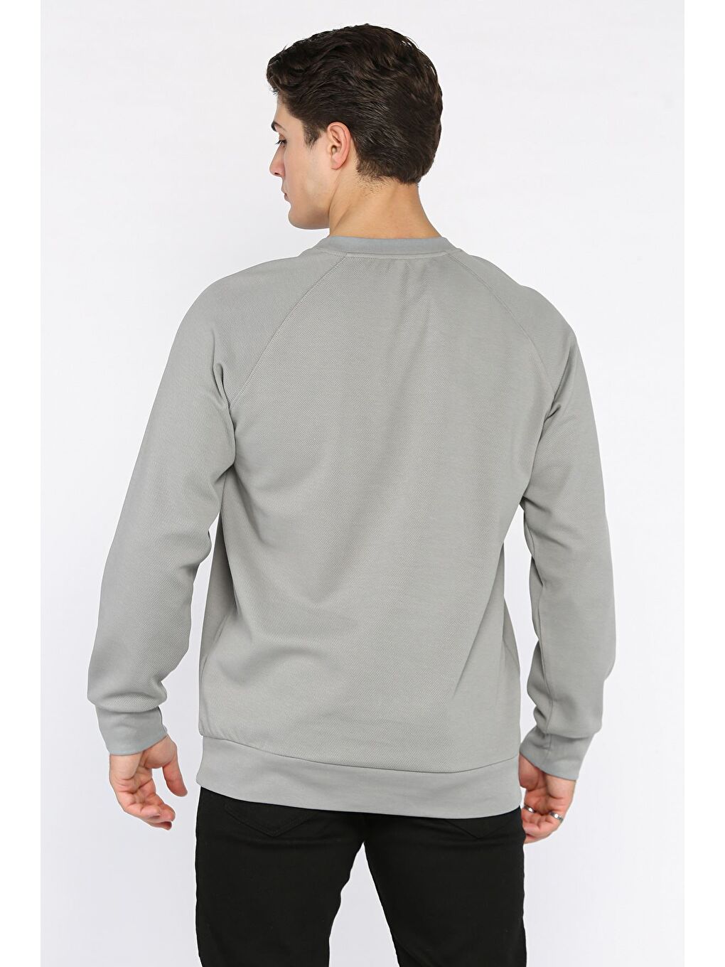 Gri Erkek Bisiklet Yaka Diyagonal Kumaş Sweatshirt-2
