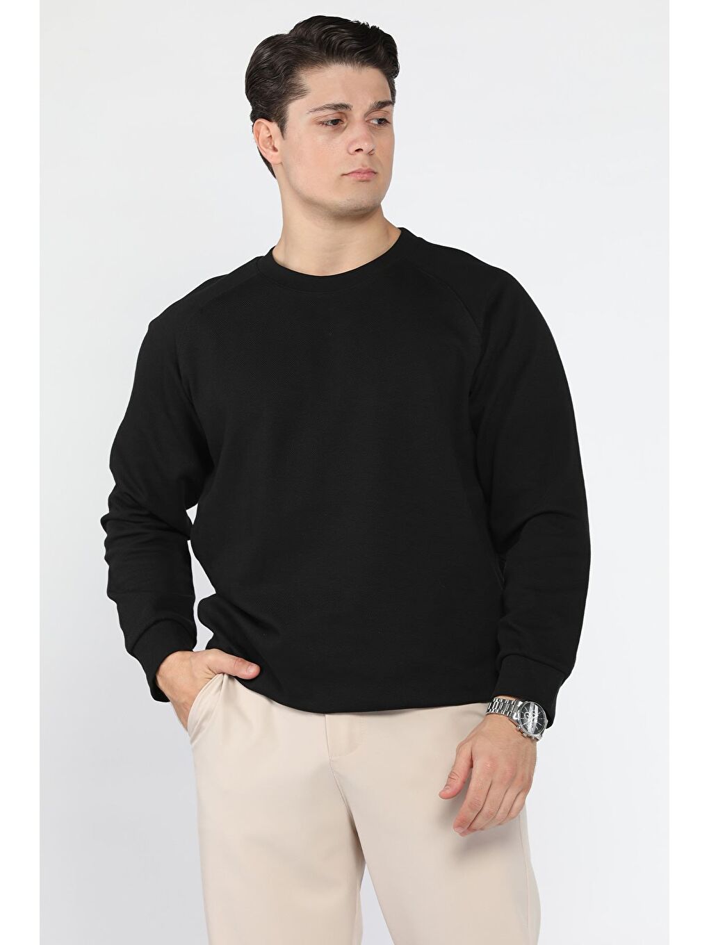 Siyah Erkek Bisiklet Yaka Diyagonal Kumaş Sweatshirt