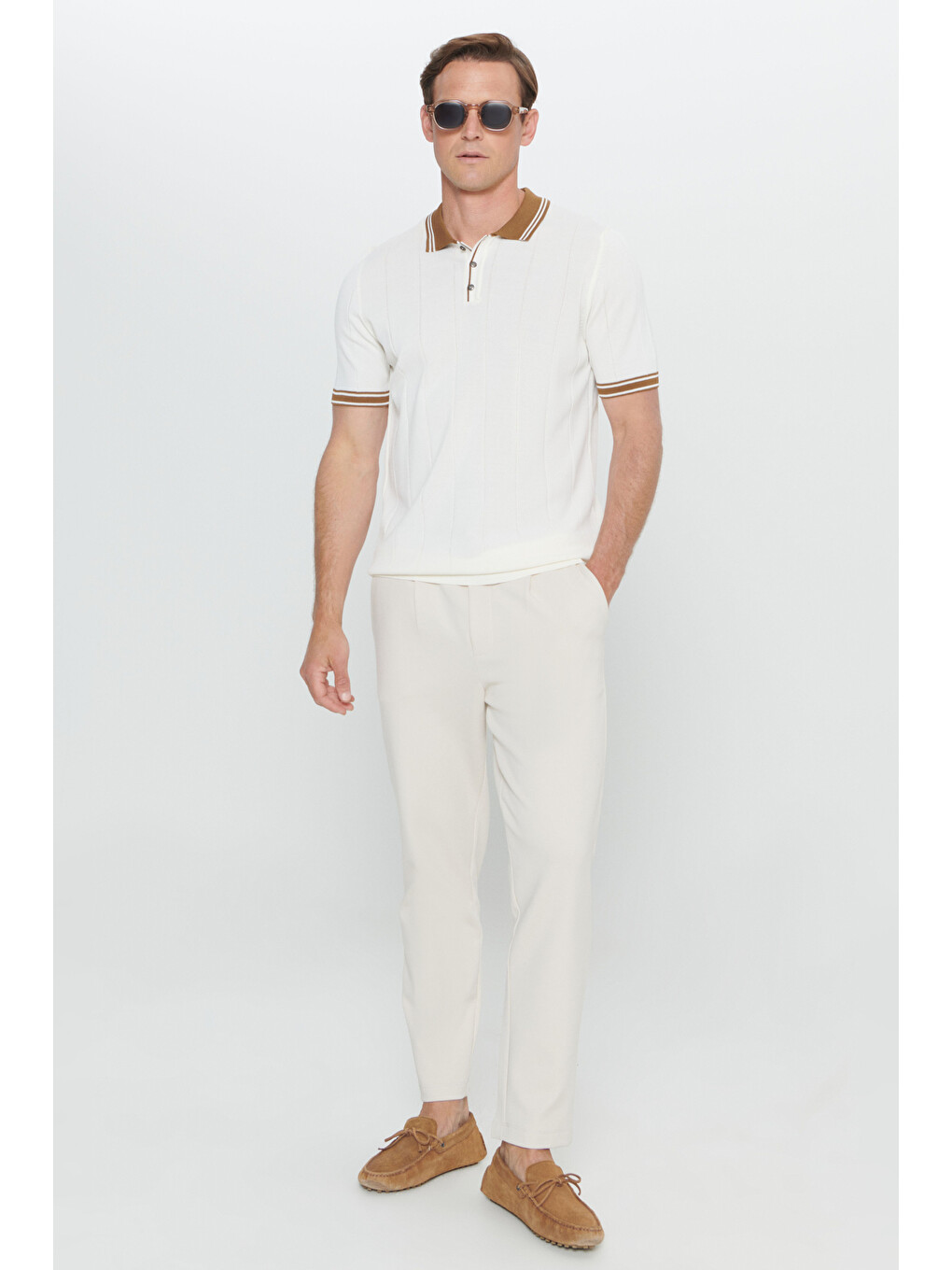 Lila Erkek EKRU-TABA Standart Fit Normal Kesim Polo Yaka Jakarlı Triko Tişört-1