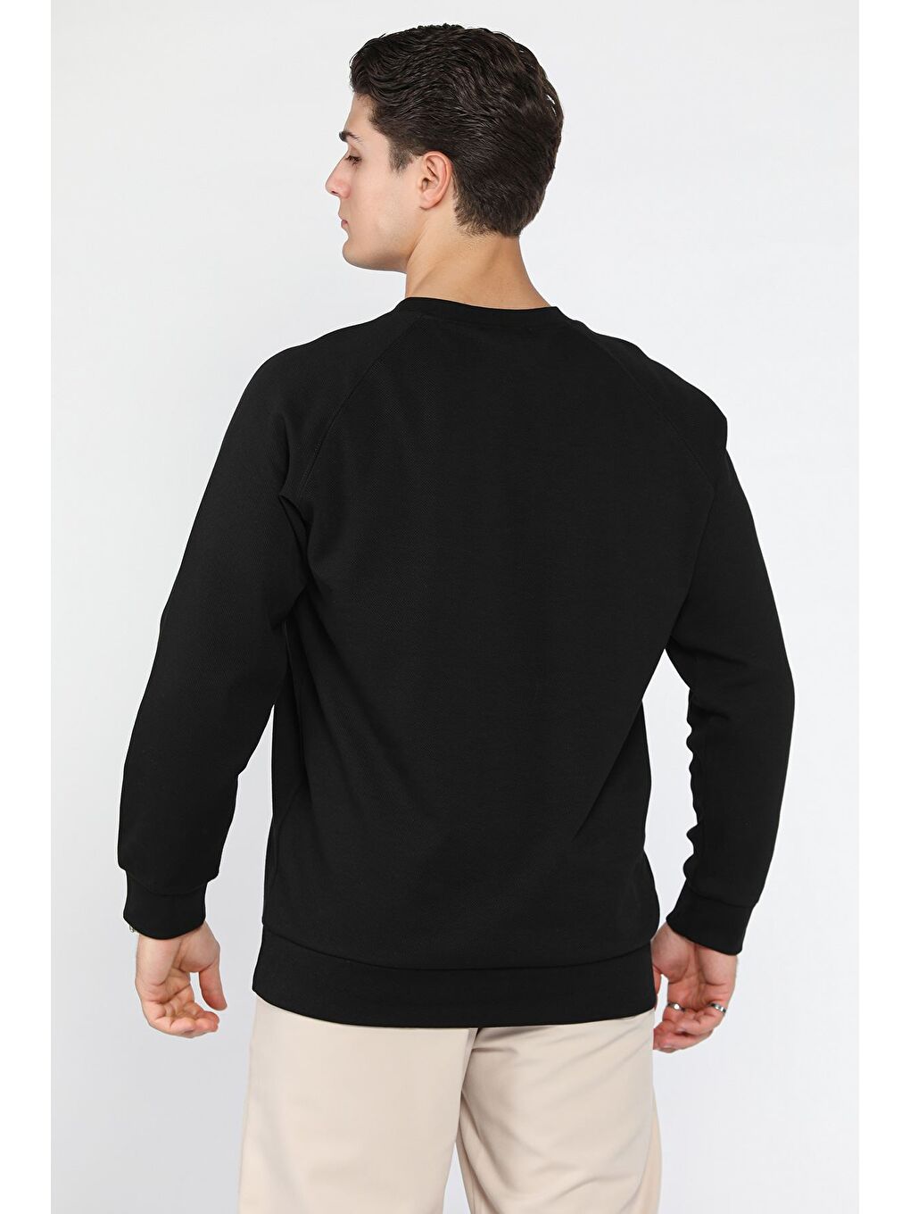 Siyah Erkek Bisiklet Yaka Diyagonal Kumaş Sweatshirt-2