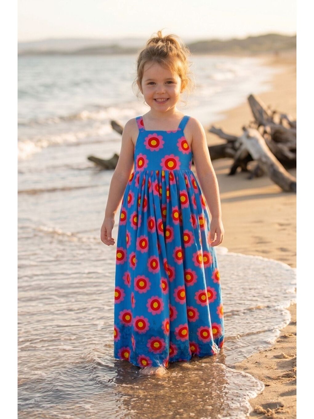 Mavi Sırt Dekolteli Papatya Desenli Maxi Boy Yazlık Elbise