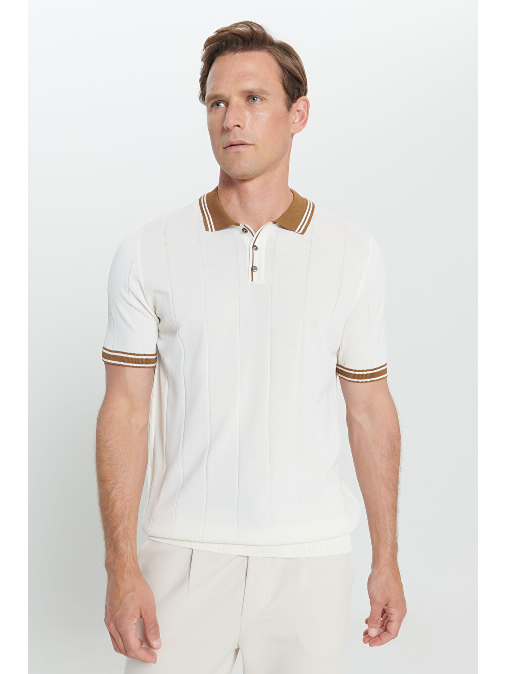 Lila Erkek EKRU-TABA Standart Fit Normal Kesim Polo Yaka Jakarlı Triko Tişört-2