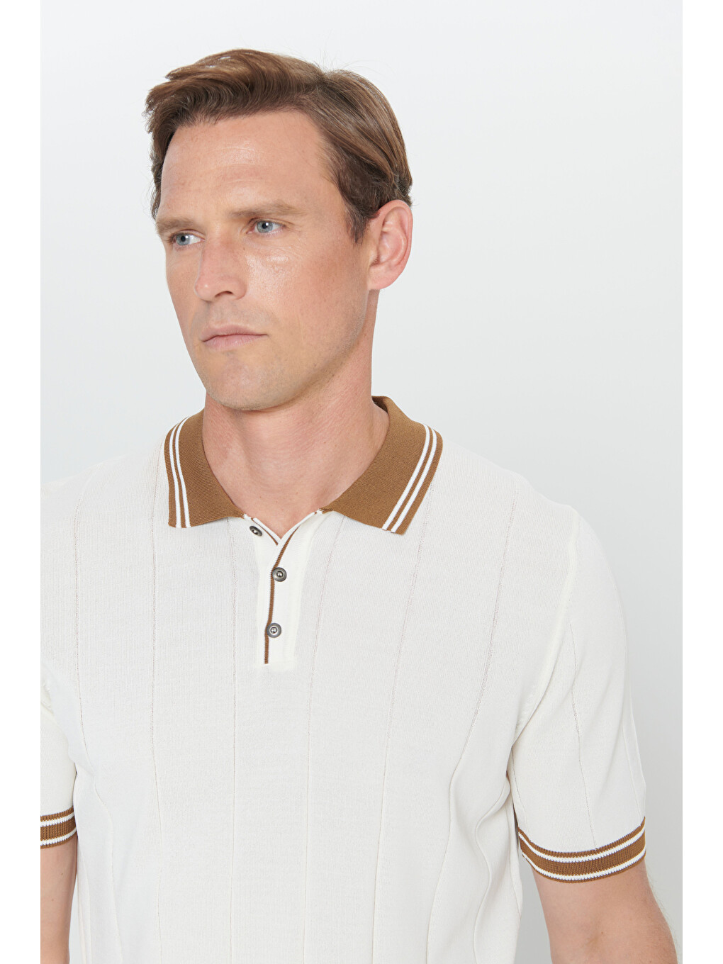 Lila Erkek EKRU-TABA Standart Fit Normal Kesim Polo Yaka Jakarlı Triko Tişört-3