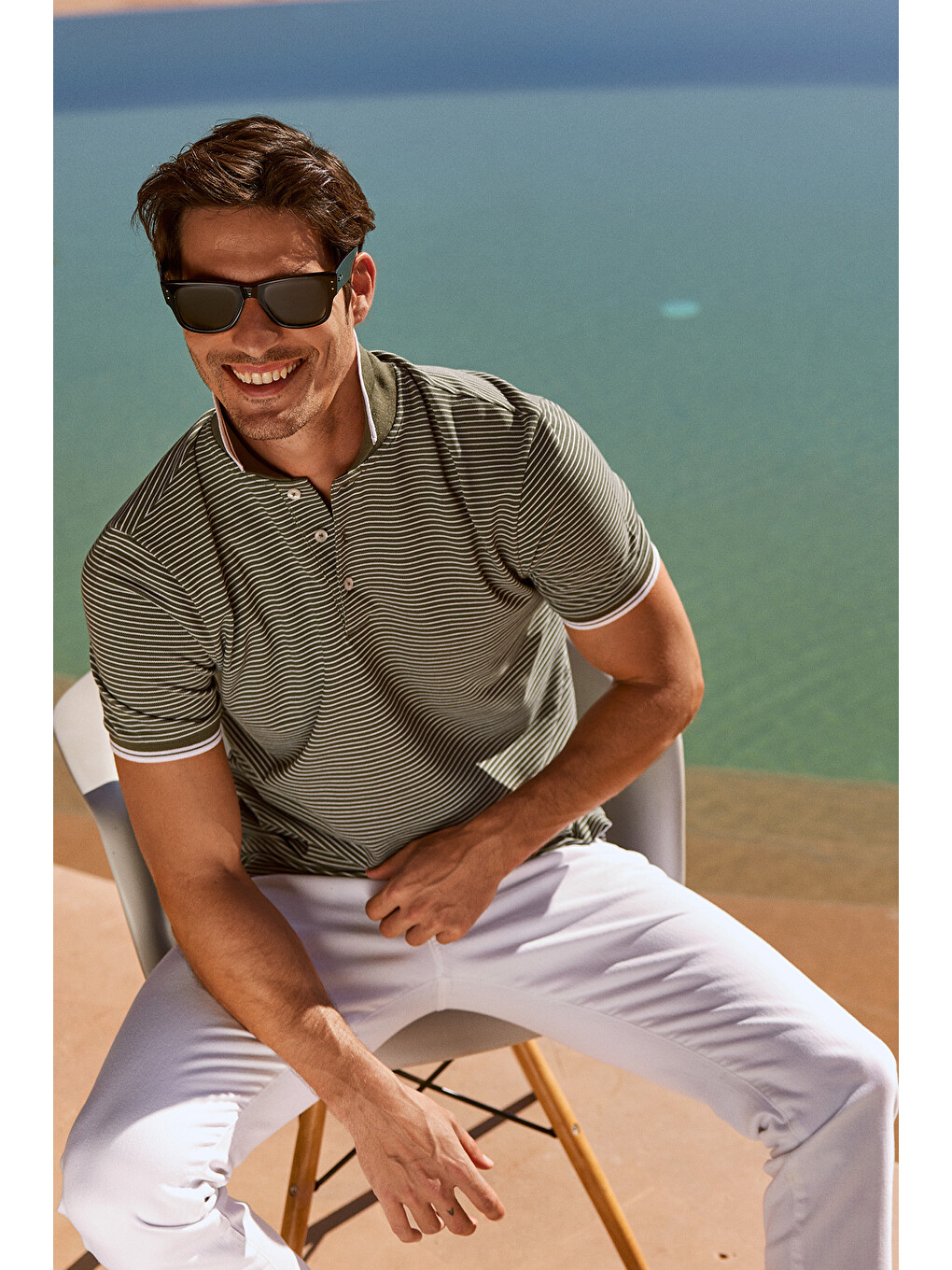 Erkek Haki-Beyaz Slim Fit Dar Kesim Pamuklu Çizgili Polo Yaka Tişört-3