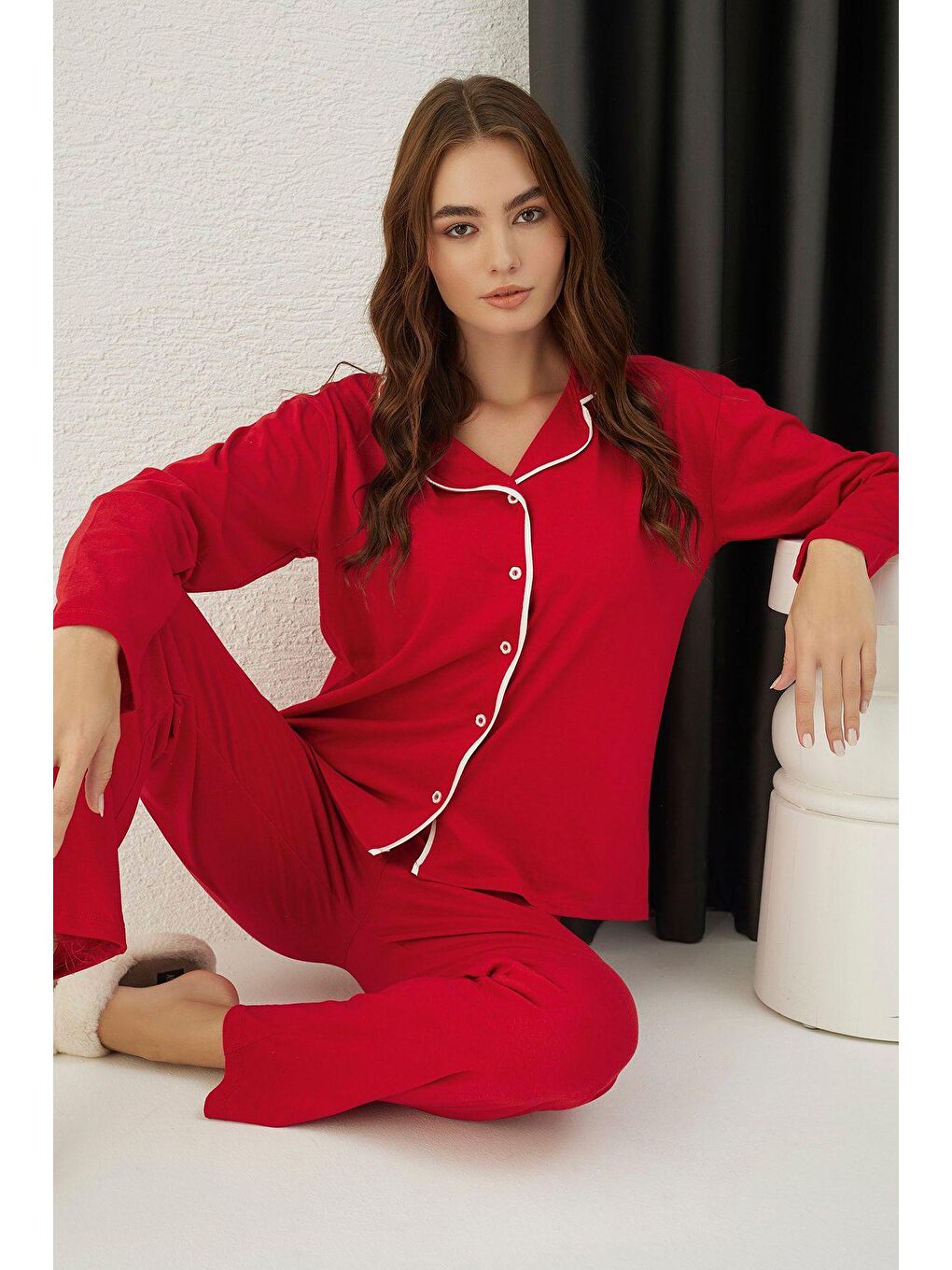 Kırmızı Pamuklu Düğmeli Pijama Takım
