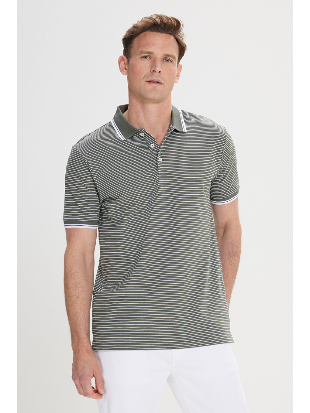 Erkek Haki-Beyaz Slim Fit Dar Kesim Pamuklu Çizgili Polo Yaka Tişört-4