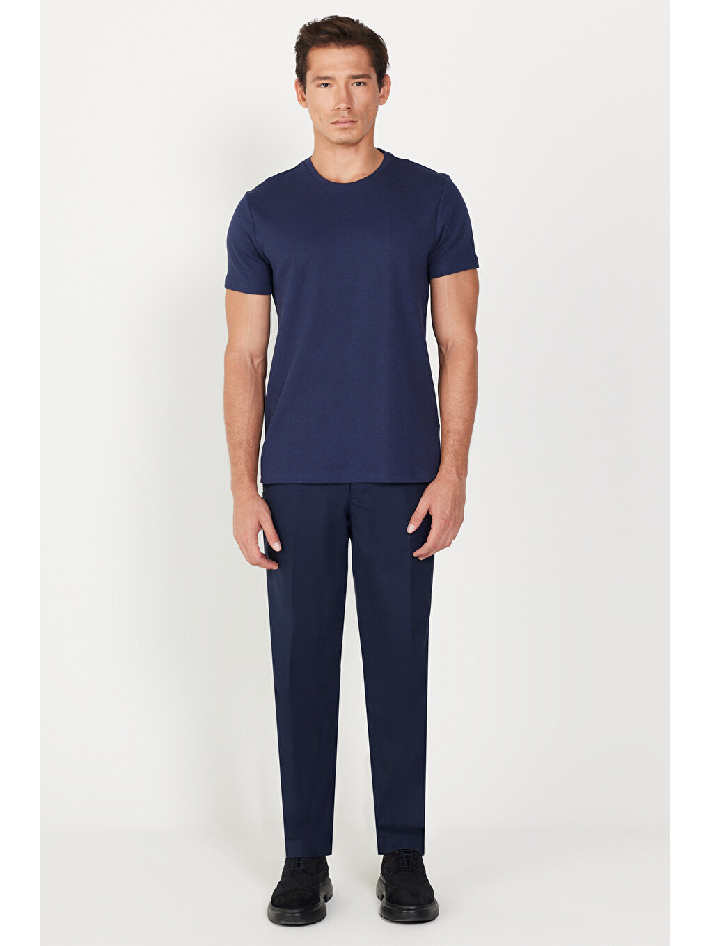 Erkek Lacivert Slim Fit Dar Kesim Bisiklet Yaka %100 Pamuk Tişört-1