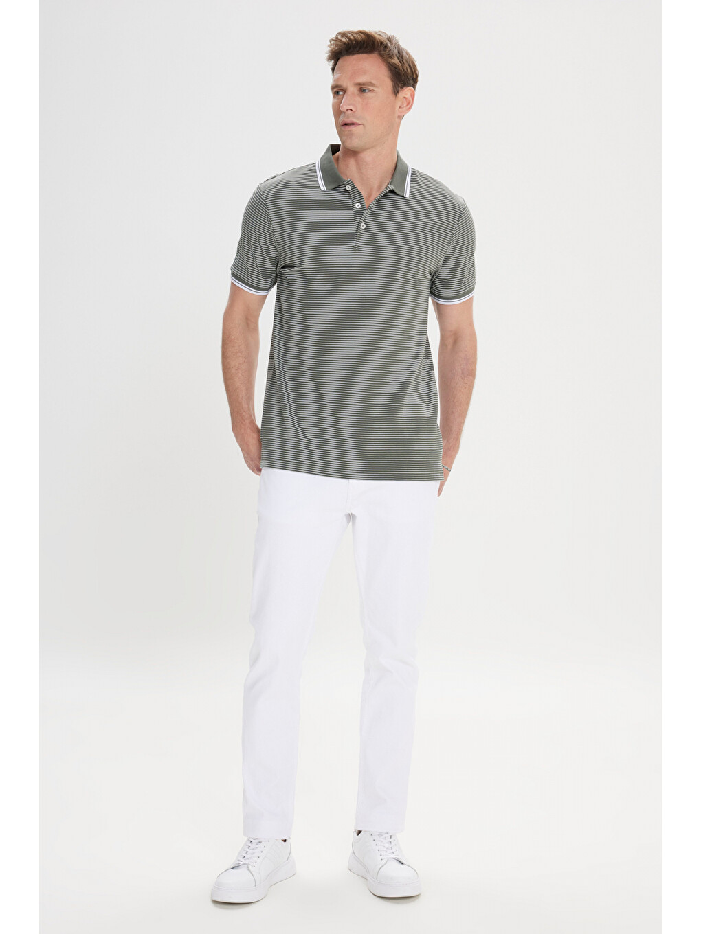 Erkek Haki-Beyaz Slim Fit Dar Kesim Pamuklu Çizgili Polo Yaka Tişört-5