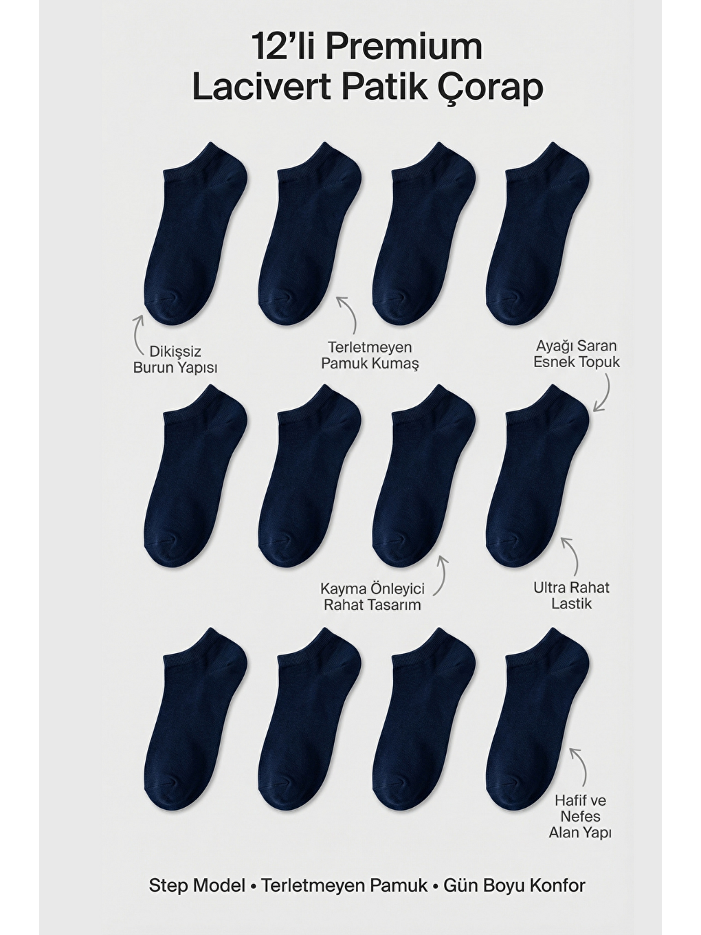 Unisex 12'Li Basic Step Çorap Lacivert