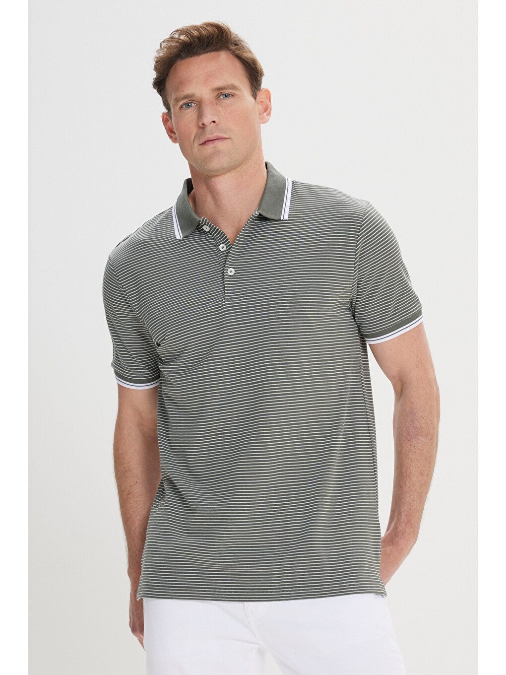 Erkek Haki-Beyaz Slim Fit Dar Kesim Pamuklu Çizgili Polo Yaka Tişört-6