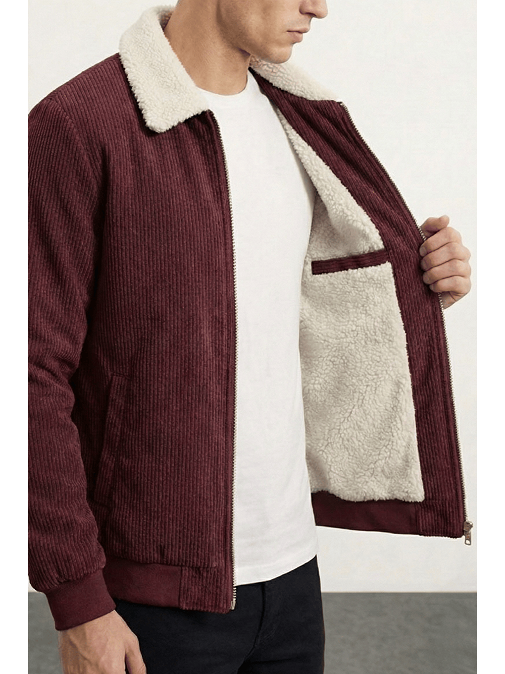 Bordo Erkek Kadife Mont Pelüş Astarlı Gömlek Yaka Rüzgar Geçirmez Kadife Mont-1