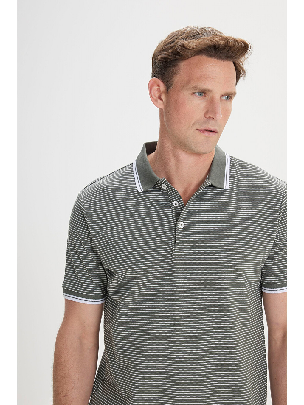 Erkek Haki-Beyaz Slim Fit Dar Kesim Pamuklu Çizgili Polo Yaka Tişört-7