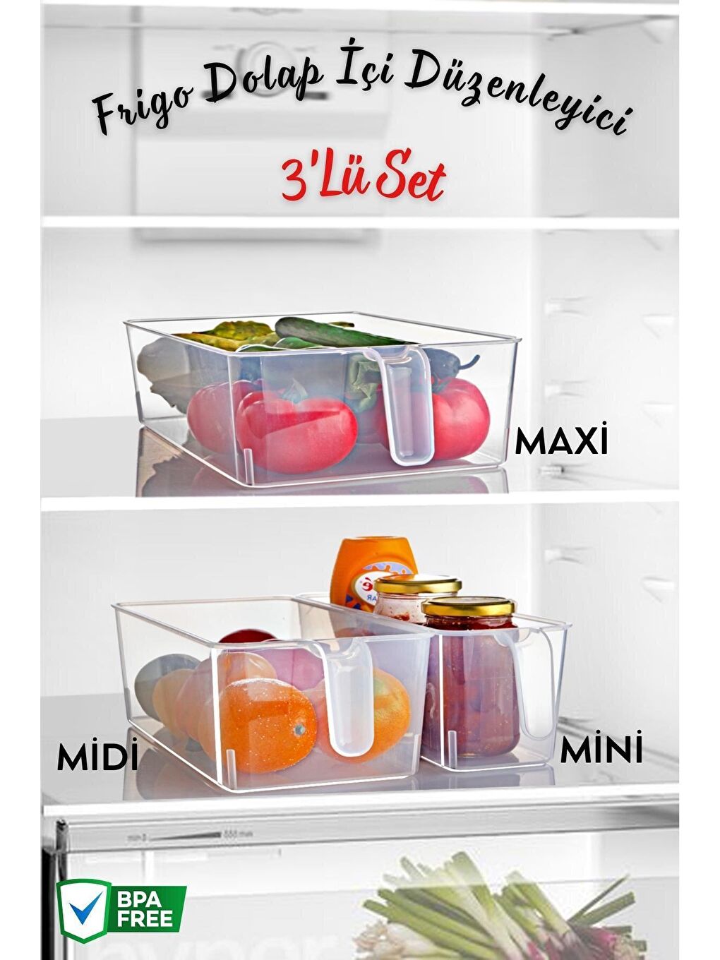 Nandy Home Renksiz 3'Lü Set Frigo Kulplu Buzdolabı & Dolap Içi Düzenleyici Organizer Maxi/Midi/Mini