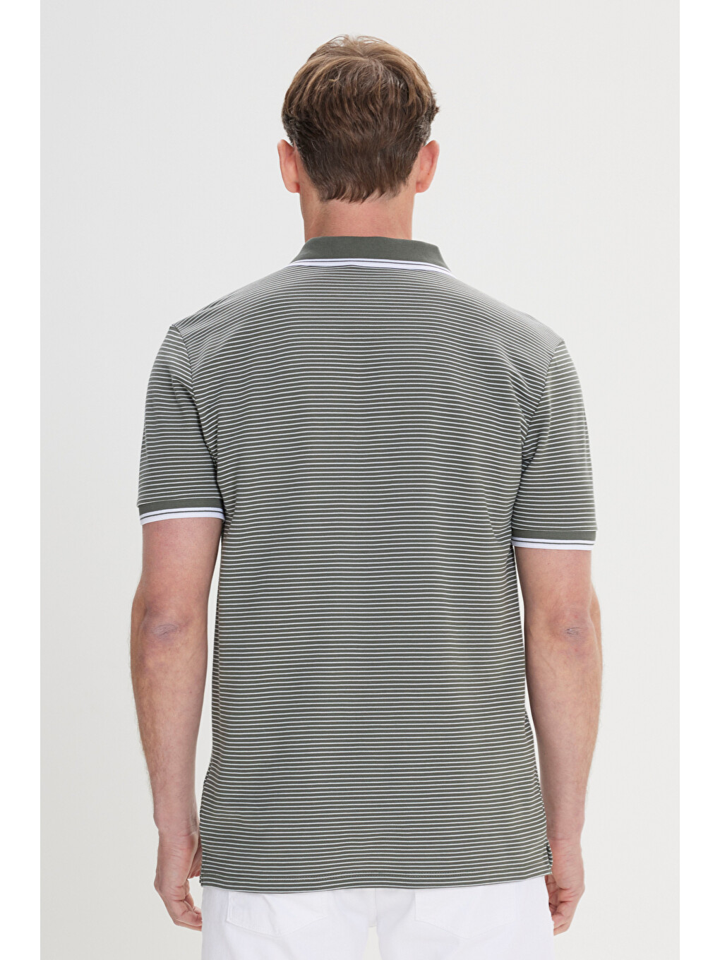 Erkek Haki-Beyaz Slim Fit Dar Kesim Pamuklu Çizgili Polo Yaka Tişört-8