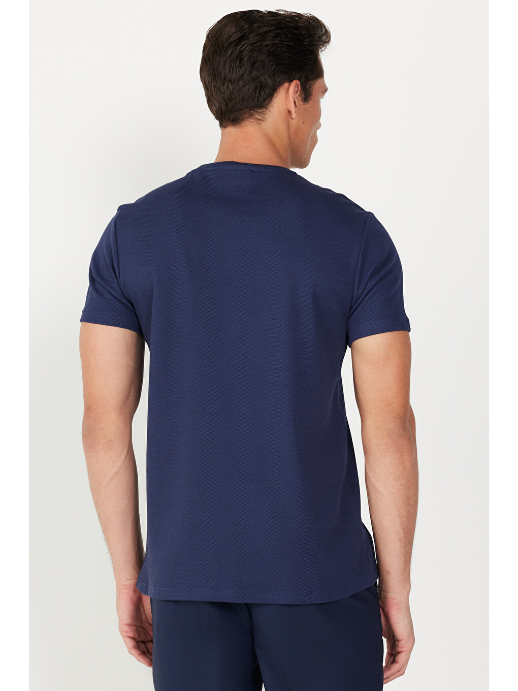 Erkek Lacivert Slim Fit Dar Kesim Bisiklet Yaka %100 Pamuk Tişört-4