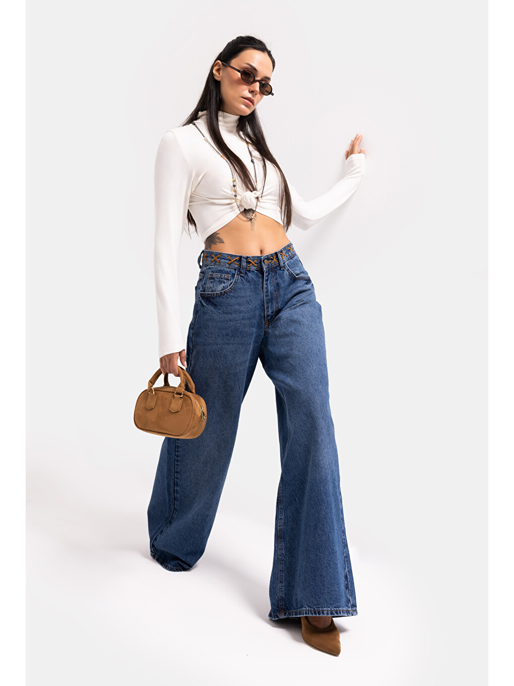 Kadın Mavi 2w6-5 Palazzo Fit Kemer Detaylı Özel Tasarım Denim Jean-1