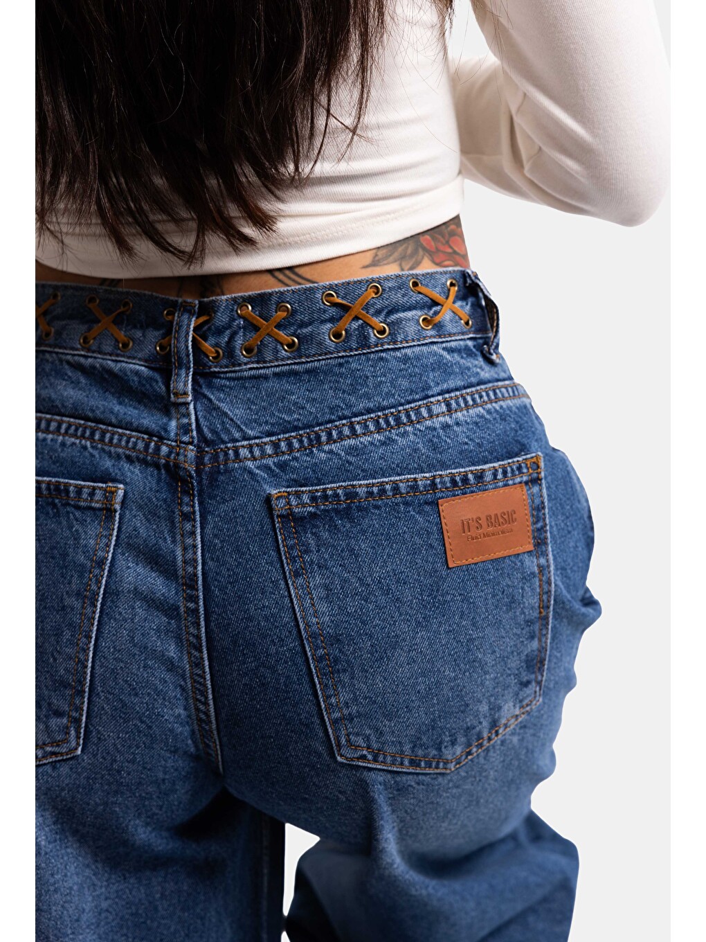 Kadın Mavi 2w6-5 Palazzo Fit Kemer Detaylı Özel Tasarım Denim Jean-2