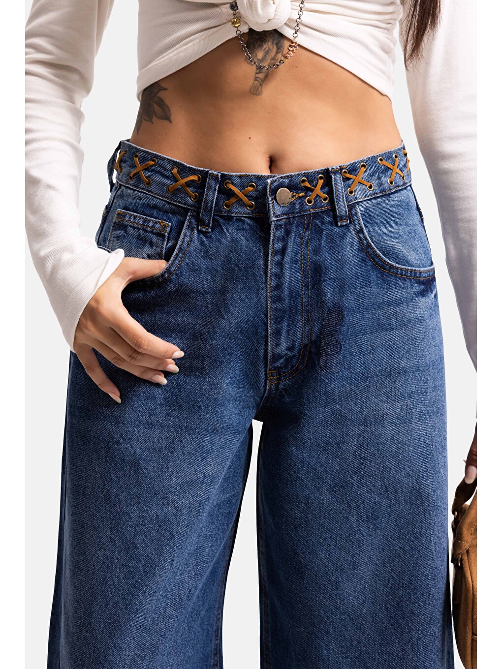 Kadın Mavi 2w6-5 Palazzo Fit Kemer Detaylı Özel Tasarım Denim Jean-3