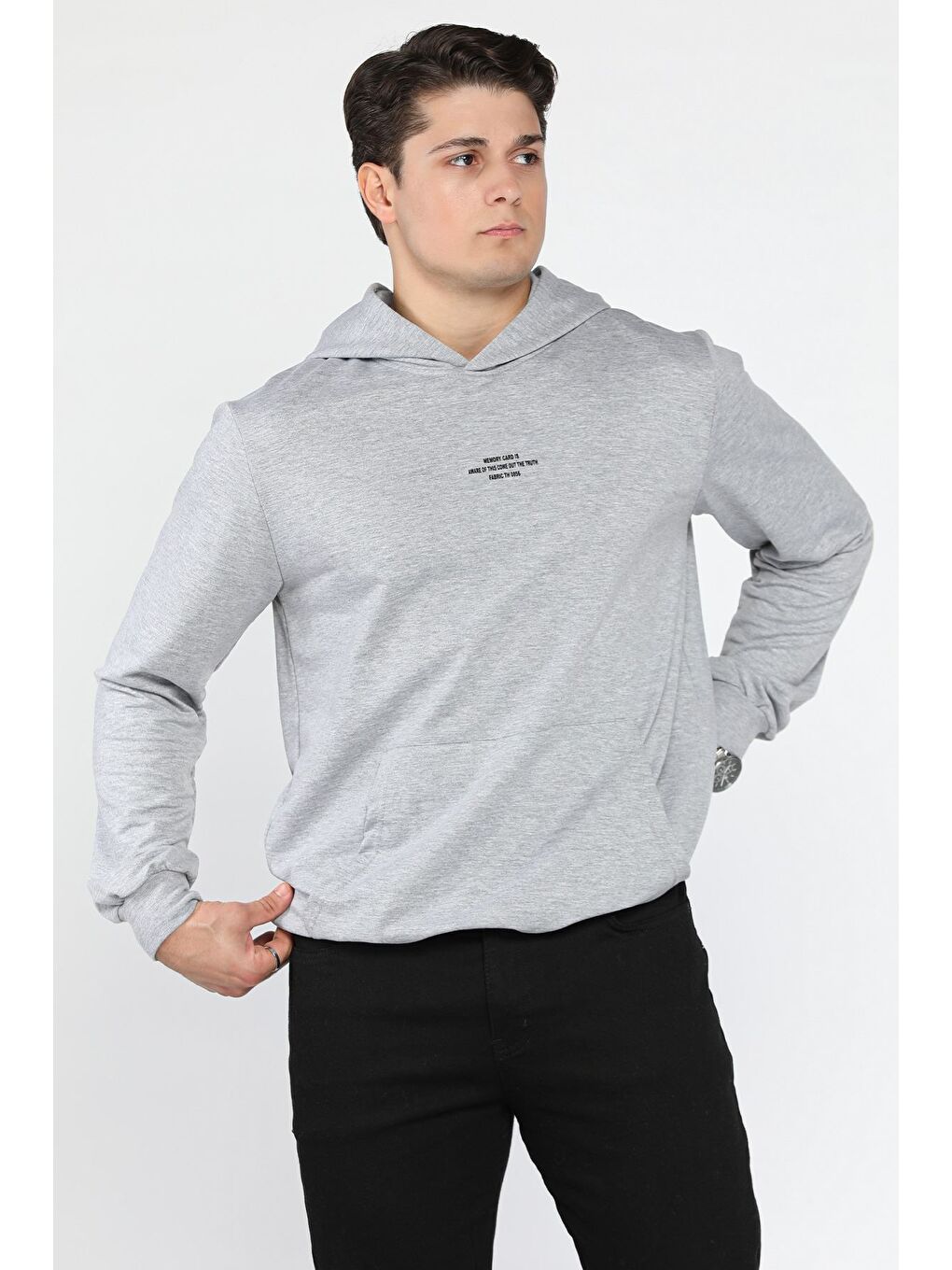 Gri Erkek Kapüşonlu Kanguru Cepli Sweatshirt