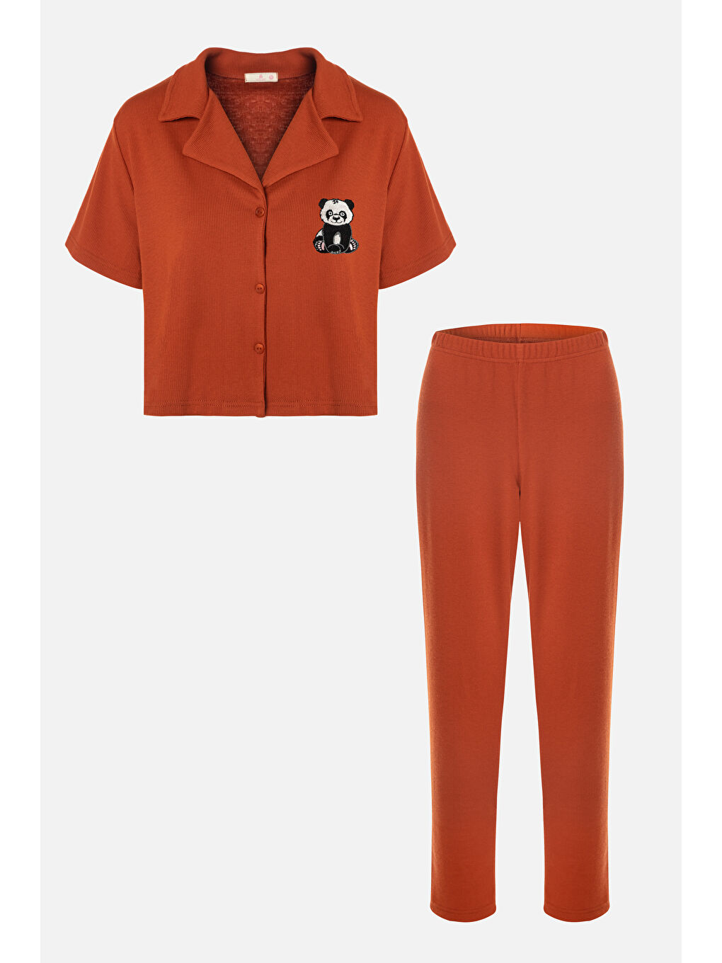 Turuncu Kadın Gömlek Yaka Rakun Nakışlı Fitilli Örme Pijama Takımı