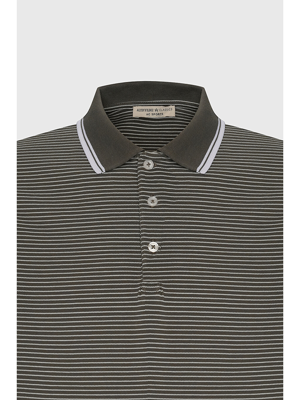 Erkek Haki-Beyaz Slim Fit Dar Kesim Pamuklu Çizgili Polo Yaka Tişört-10