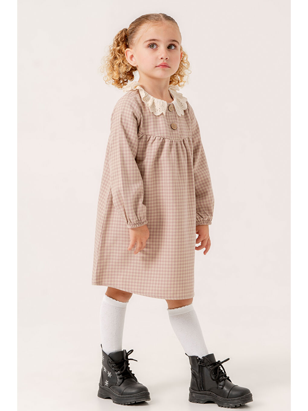 Pembe Kız Bebek Gül Kurusu Ekose Yaka Detaylı 1-5 Yaş Elbise 3705-2-3